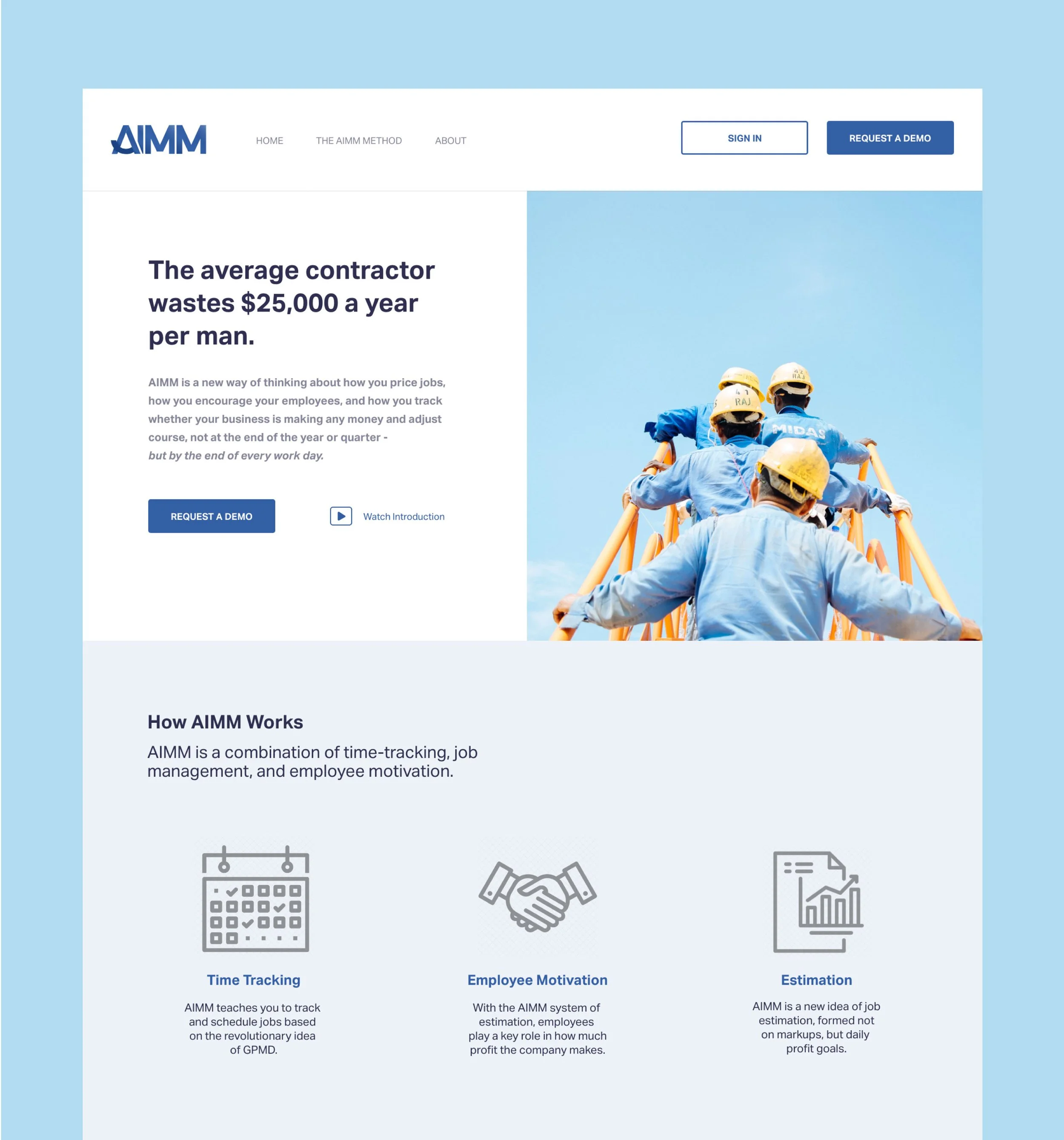 A website homepage for AIMM, a company focused on job management solutions, featuring a header with navigation links, sign in and request a demo buttons, a main section with a headline about contractor waste, a description of the company, and a call-