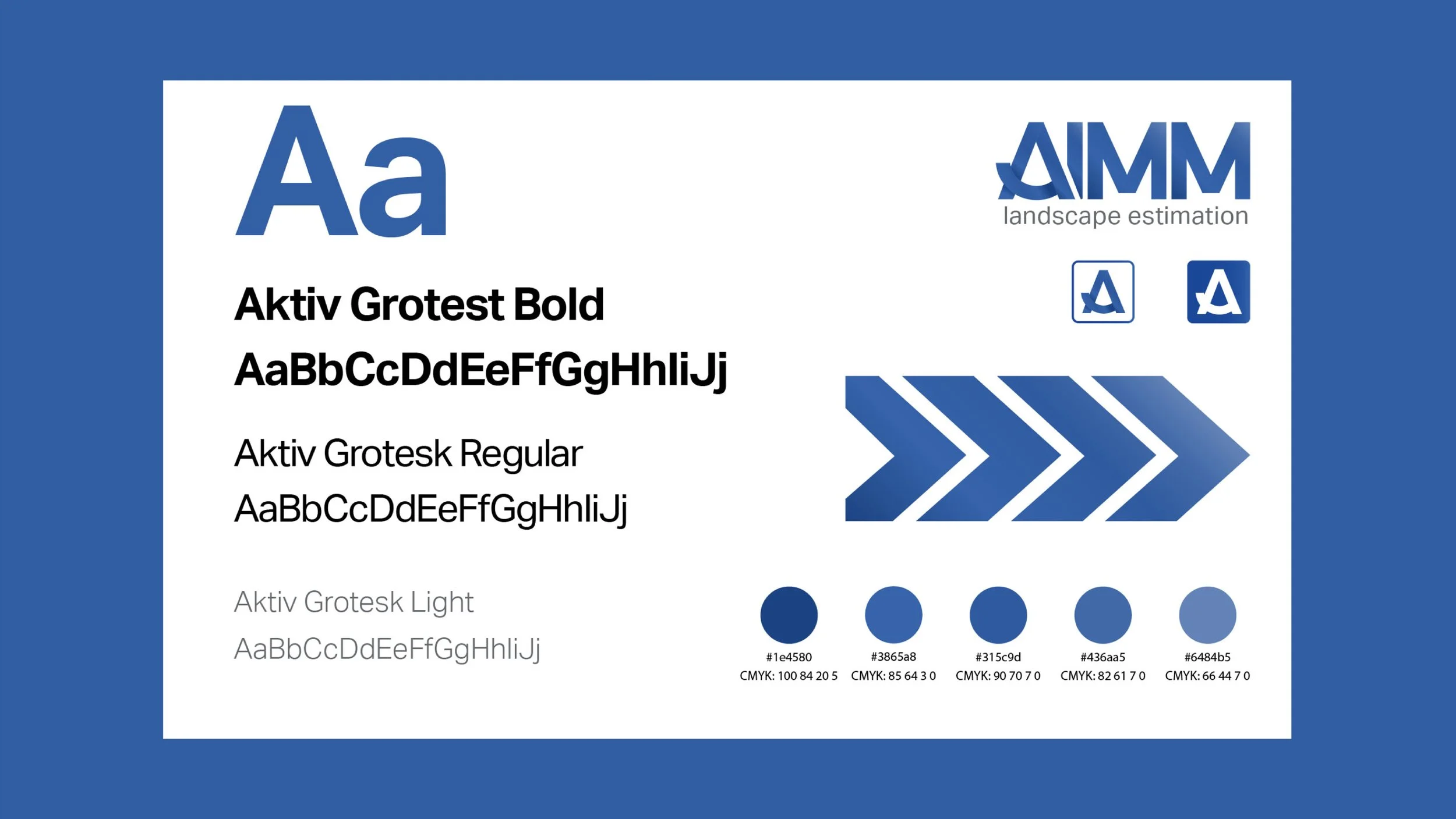 Typography style guide featuring different font weights and styles of the 'Aktiv Grotes' font, showing color swatches, hex codes, and CMYK values on a blue background.