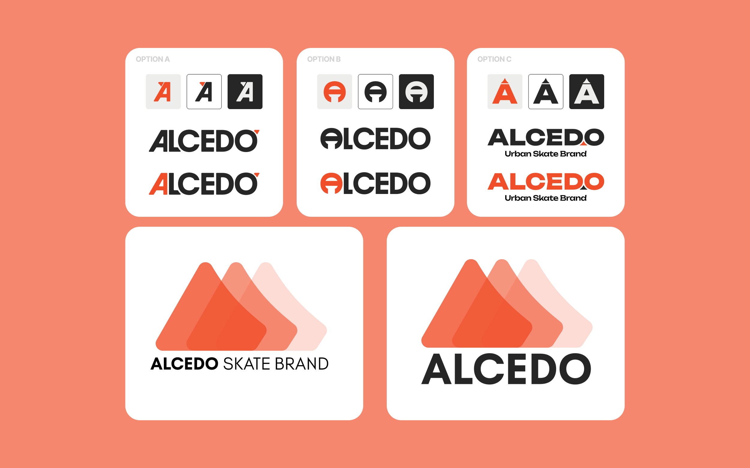 Design mockups showcasing different logo styles for Alcedo, an urban skate brand. The designs include various typographies, color schemes, and logo icons, with a consistent mountain-like graphic and the brand name in bold letters.