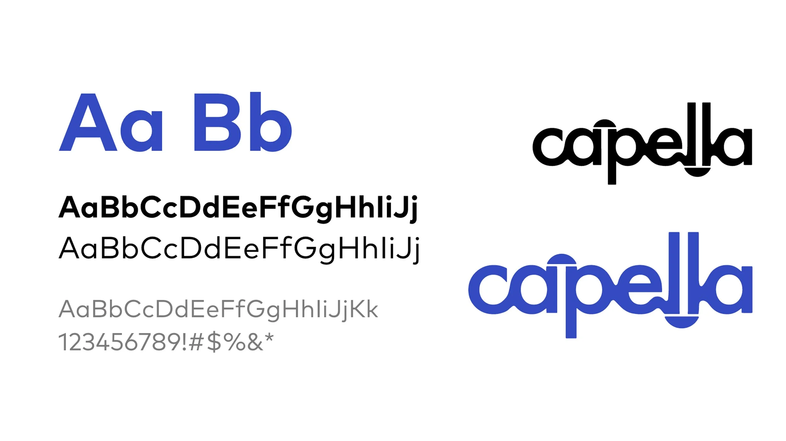 Sample font style sheet displaying the letters Aa and Bb in large blue font, the word 'capella' in black, and various lowercase and uppercase alphabet samples along with numbers and symbols.
