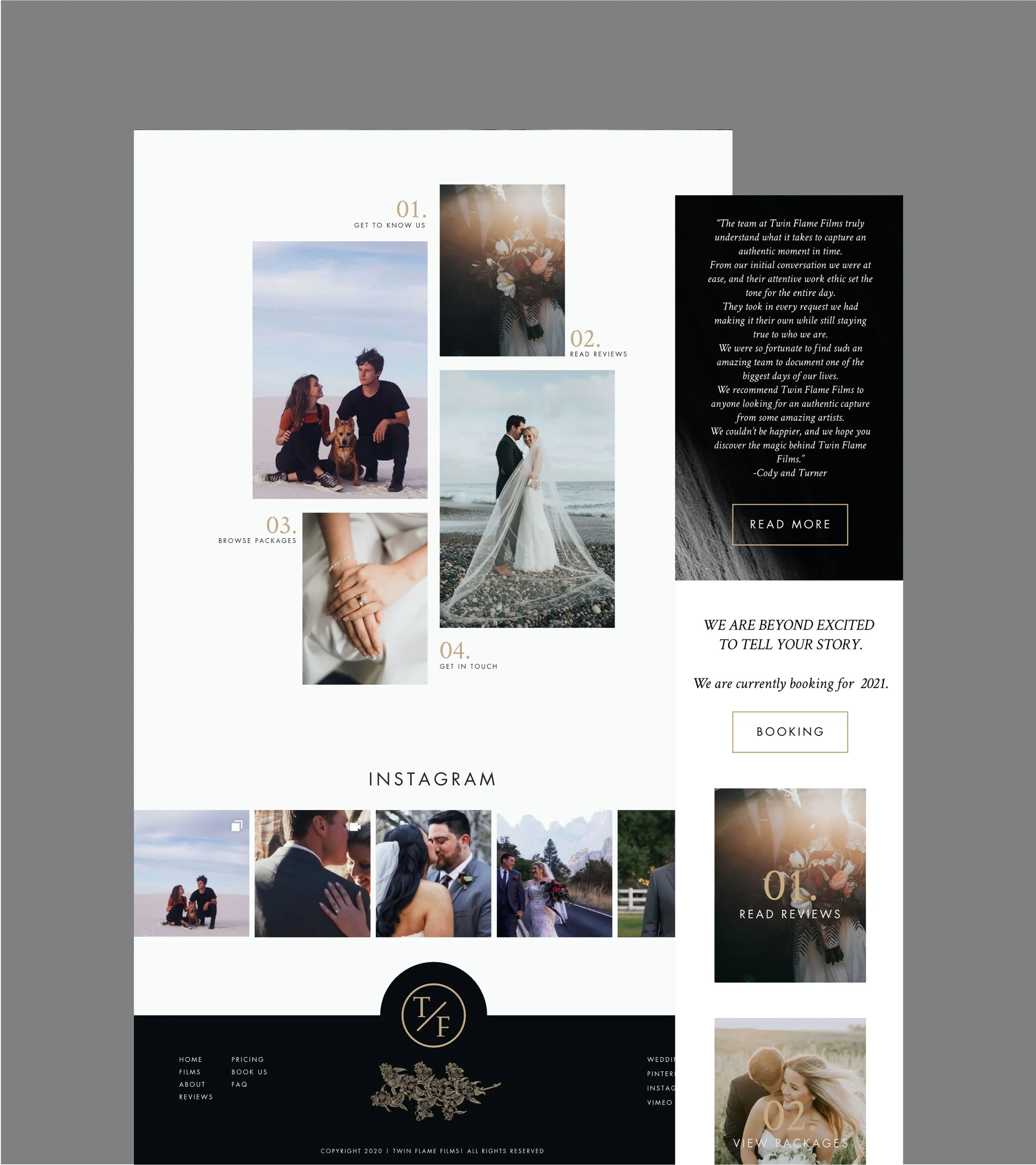 Wedding planning webpage featuring photos of couples, wedding scenes, and an Instagram photo strip, with text about booking, reviews, and services.