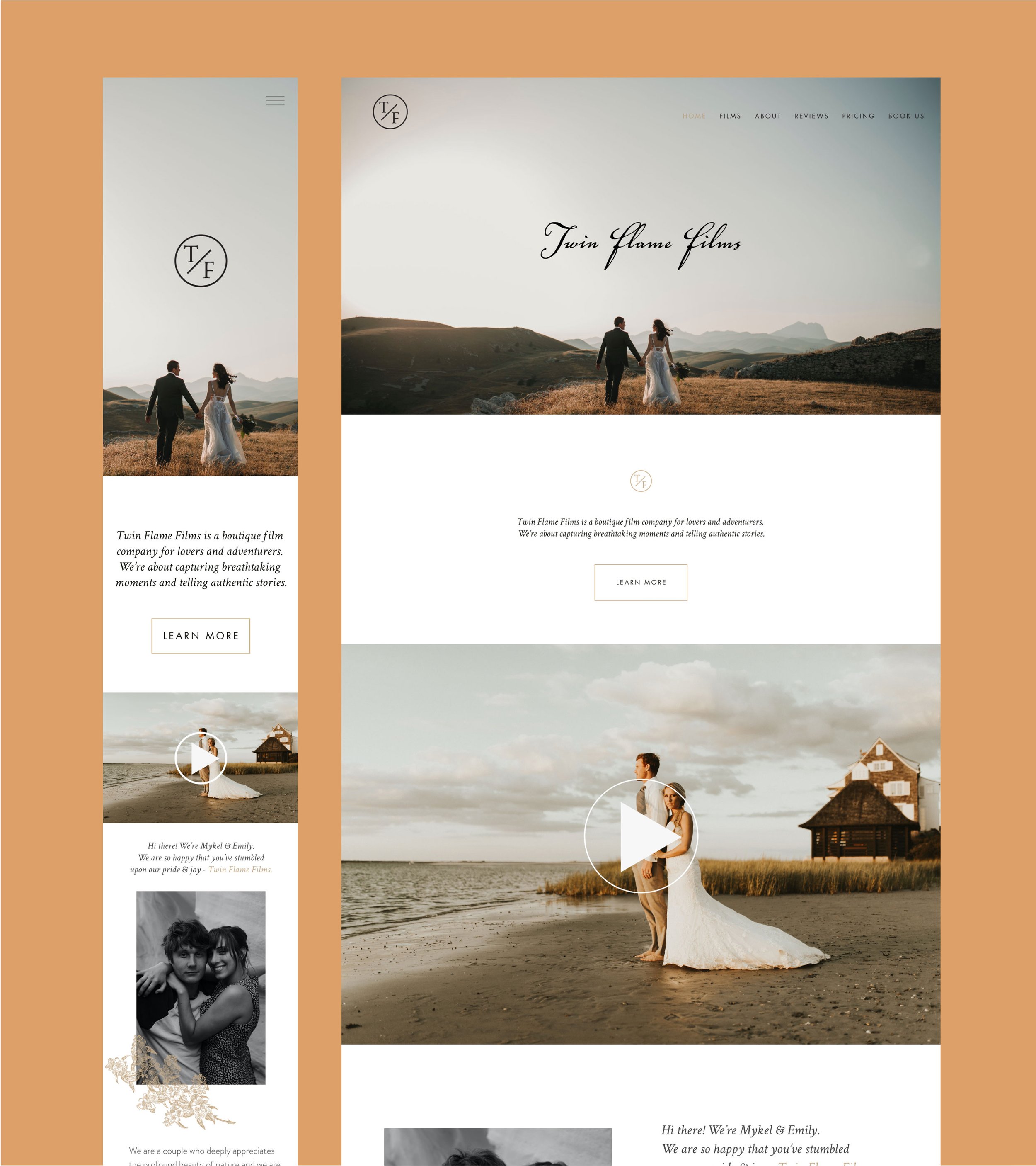 Homepage design for Twin Flame Films featuring outdoor wedding and couple photos, with navigation menu at the top including Home, Films, About, Reviews, Pricing, Book Us.