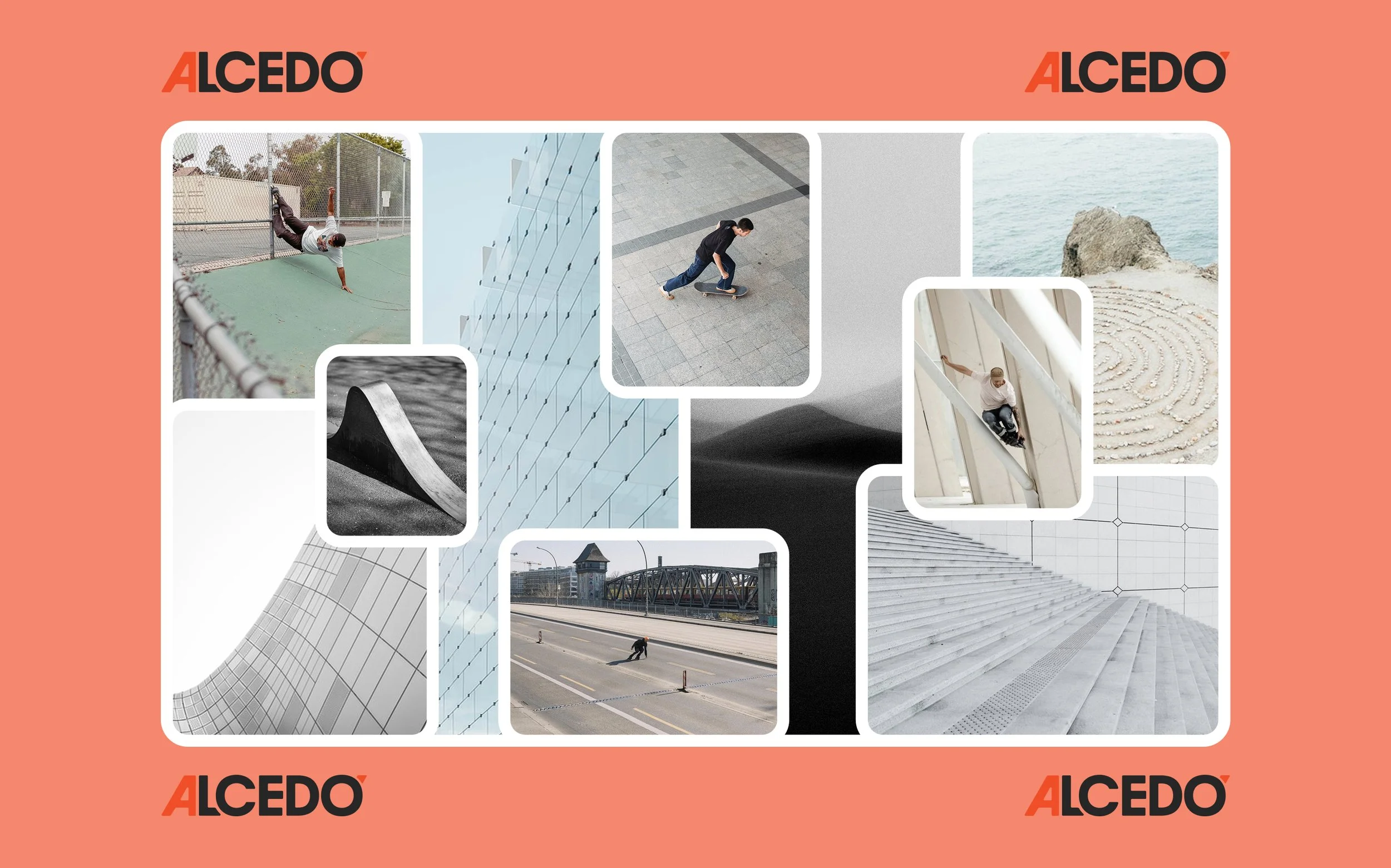 A collage featuring various urban sports and modern architectural elements with the word 'ALCEDO' repeated at the corners and top.