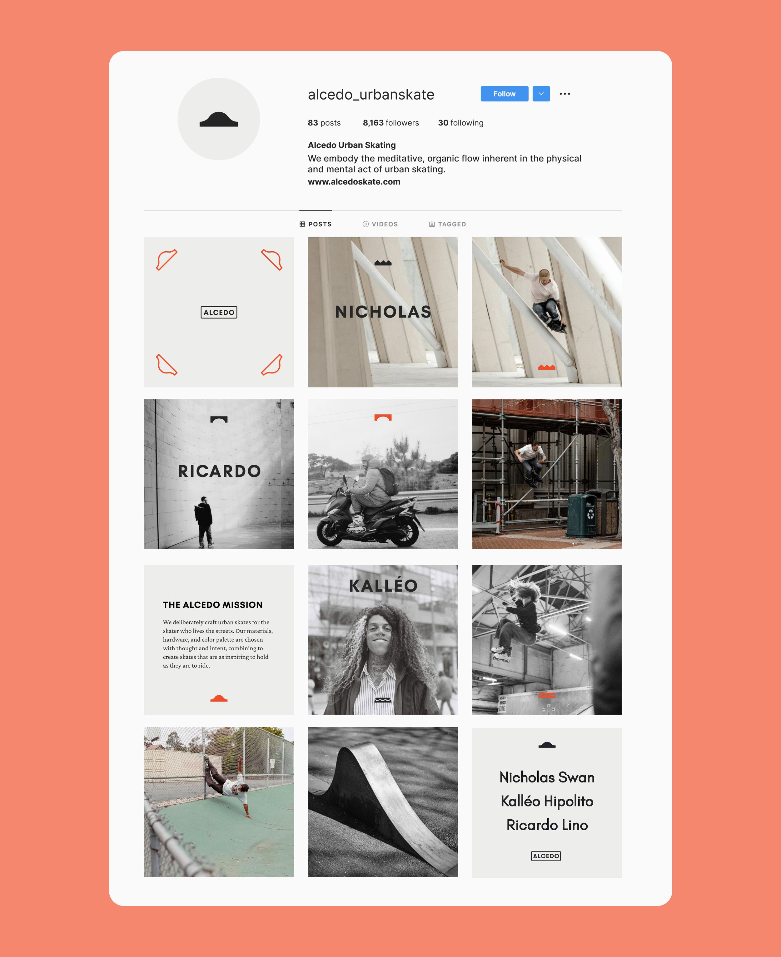 Instagram profile page for Alcedo Urban Skating with photos of people skating and performing tricks.