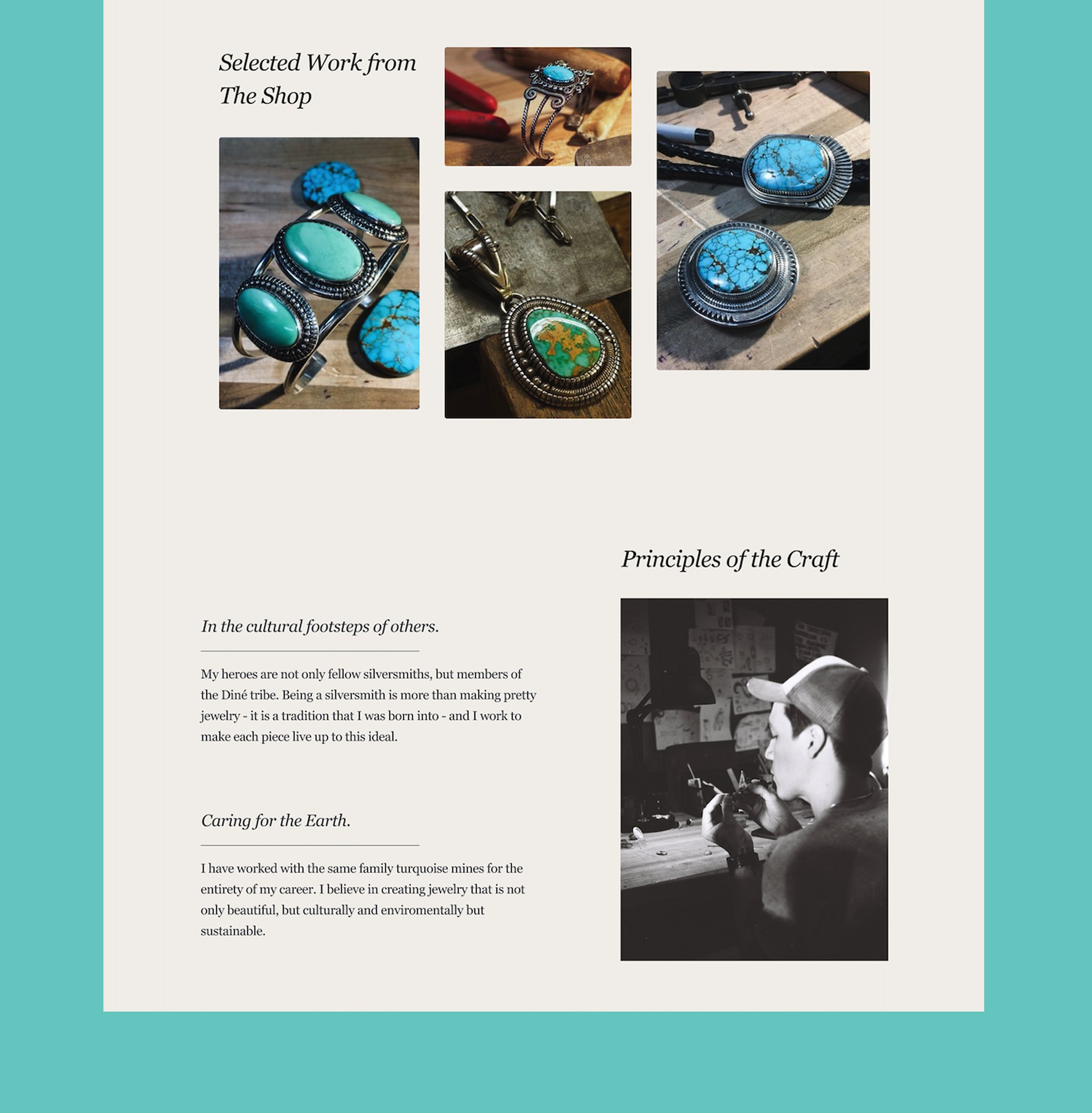 Page from a jewelry catalog featuring turquoise and silver jewelry, with photos of rings, pendants, and brooches, and a black-and-white photo of a person working on jewelry.
