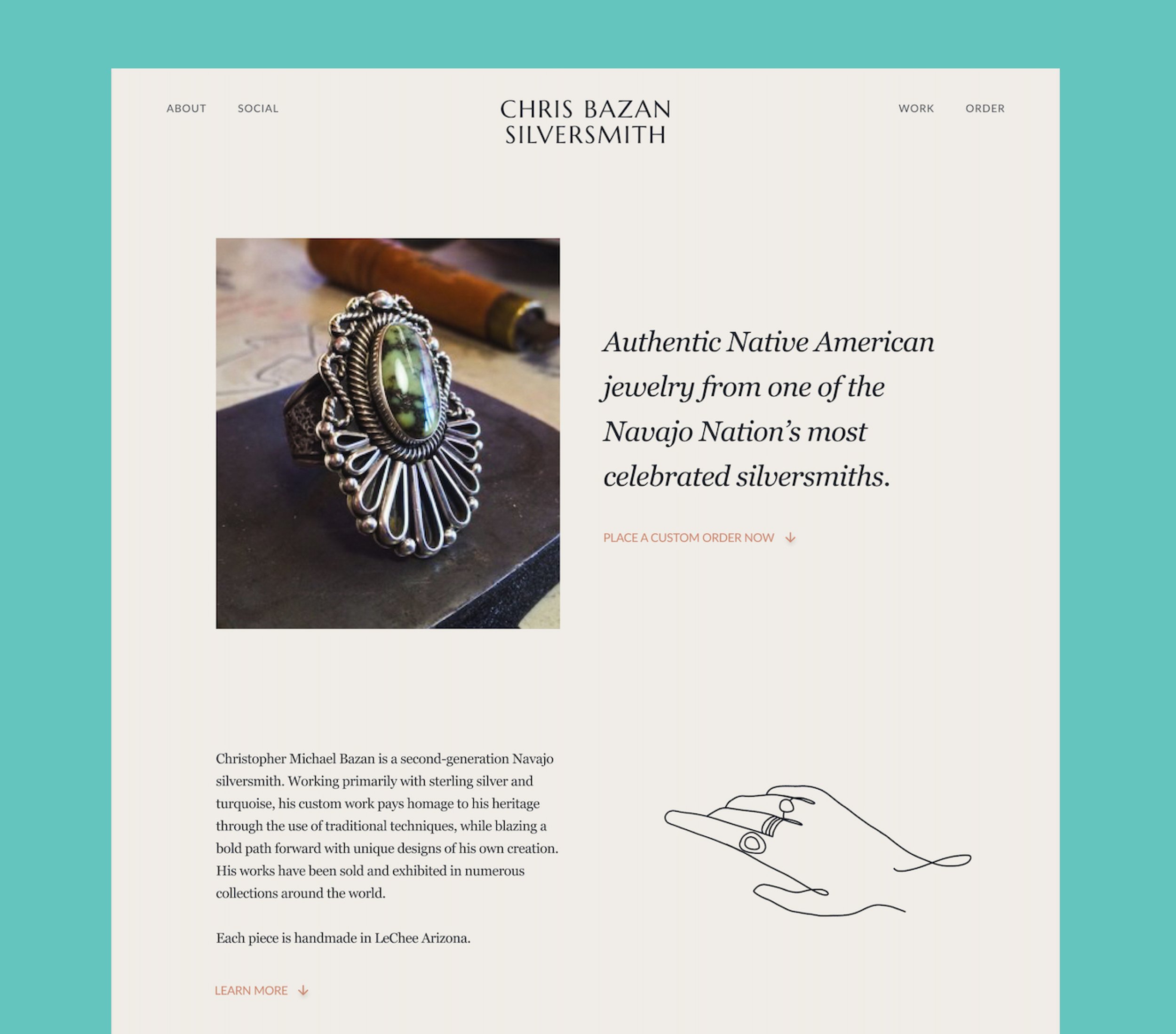 Webpage featuring Native American jewelry artist Chris Bazan Silversmith, showcasing a silver ring with a green gemstone, introductory text about traditional Navajo silversmith techniques, and a line drawing of a hand wearing a ring.