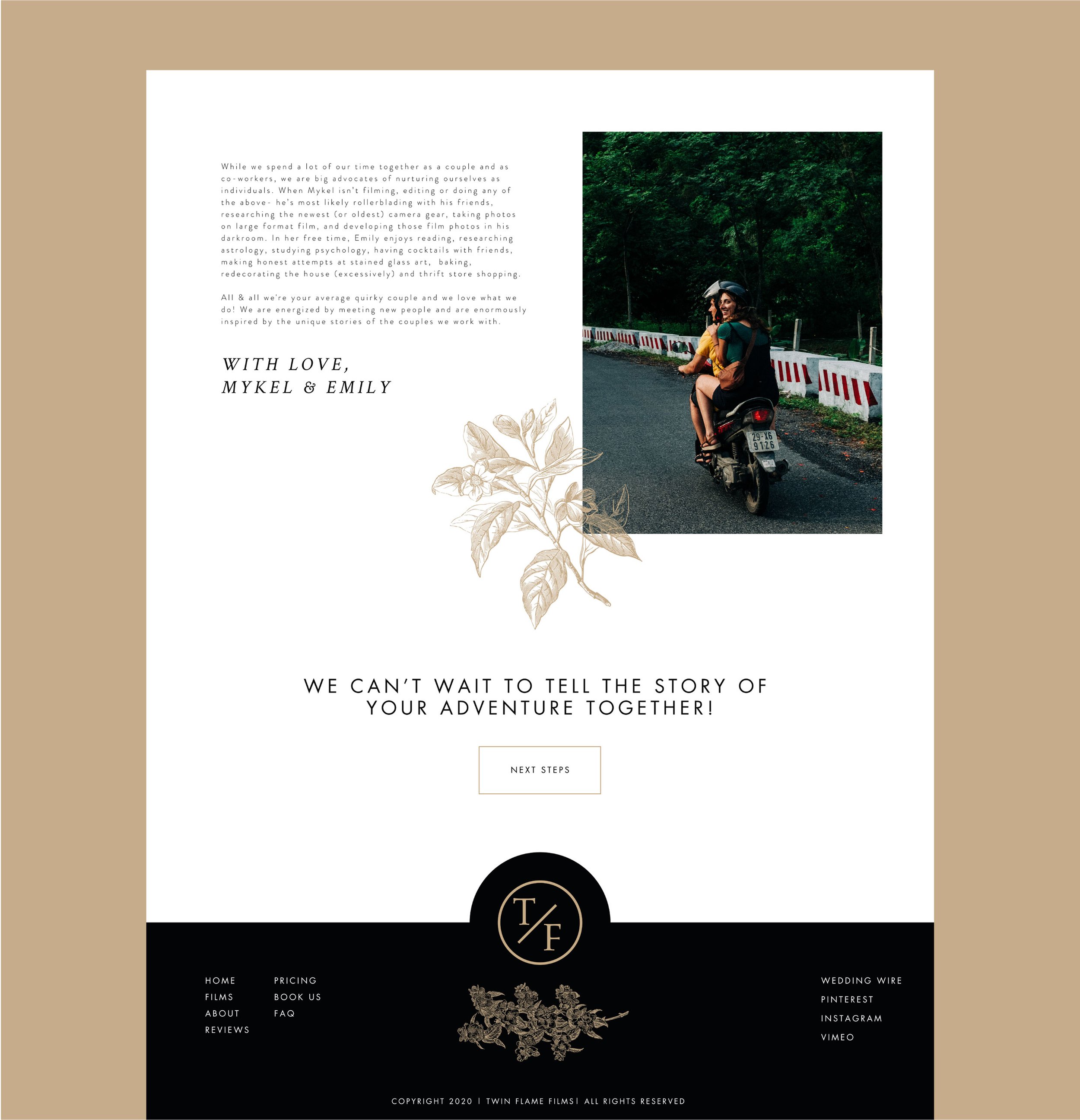 Invitation or promotional webpage with a photo of a woman riding a scooter on a road surrounded by trees, text describing a couple's love and adventure, and a logo for Twin Flame Films at the bottom.