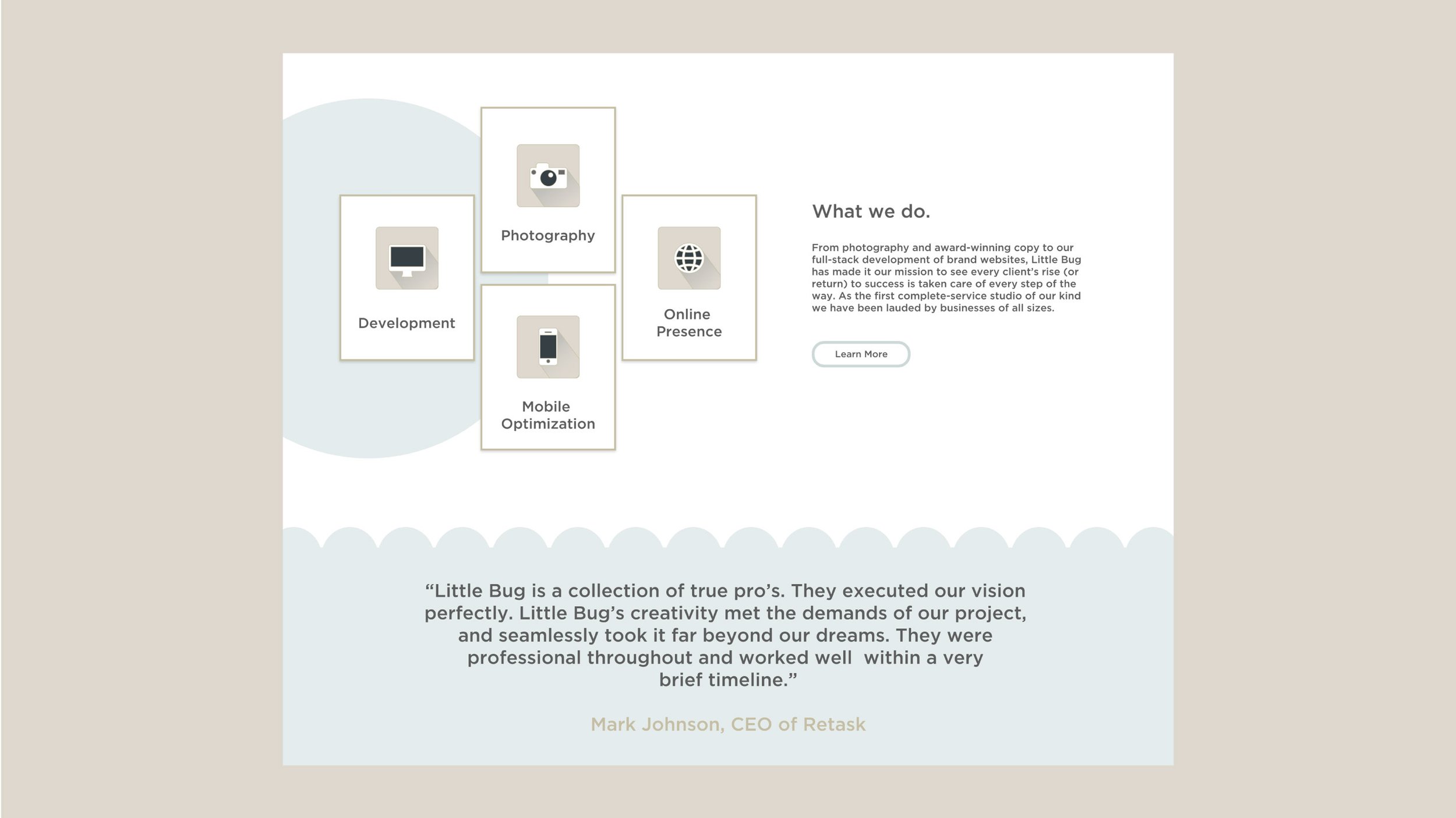 Diagram illustrating company's services: Development, Photography, Mobile Optimization, Online Presence. Text on right explains the company's mission and process, with a 'Learn More' button. Bottom contains a client testimonial from Mark Johnson, CEO