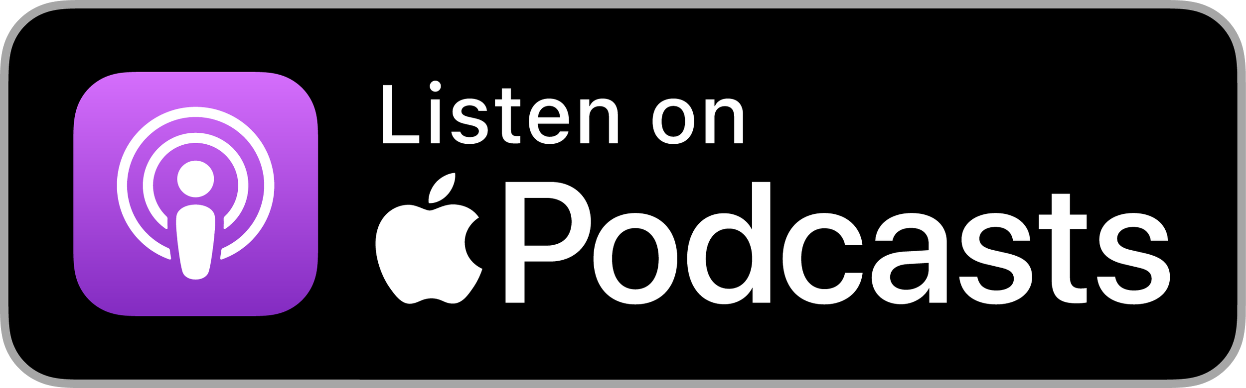 Podcast app button with purple icon and white microphone logo, text reads 'Listen on Apple Podcasts' on a black background with a gray border.