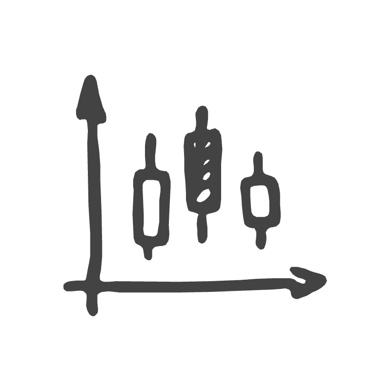 A simple black and white drawing of a vertical axis with an upward arrow and a horizontal axis with a rightward arrow, featuring four vertical sliders of varying heights.