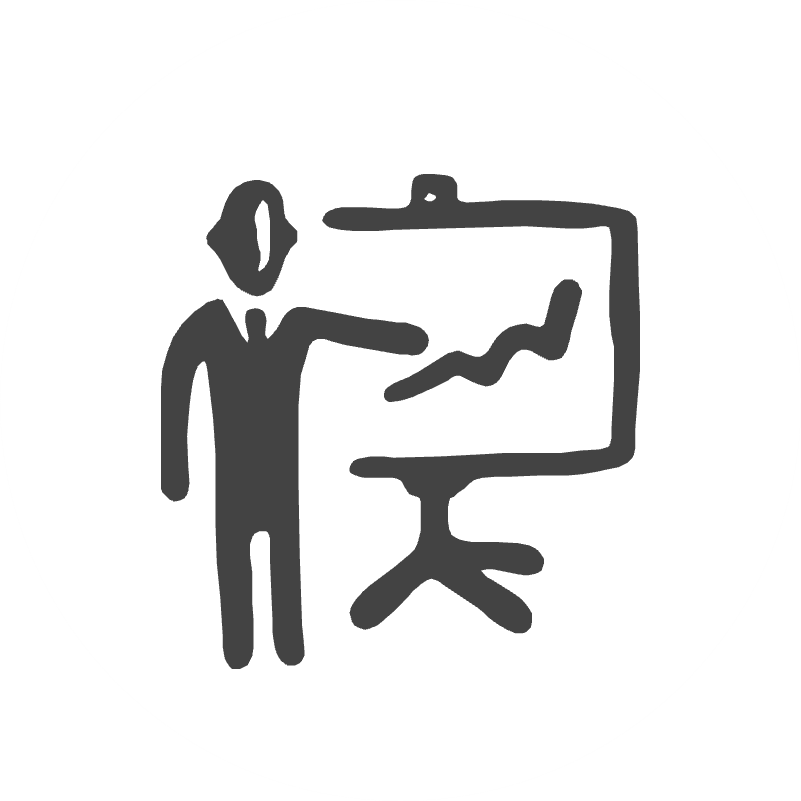 A simple black and white sketch of a person in a suit giving a presentation with a line graph on a screen.