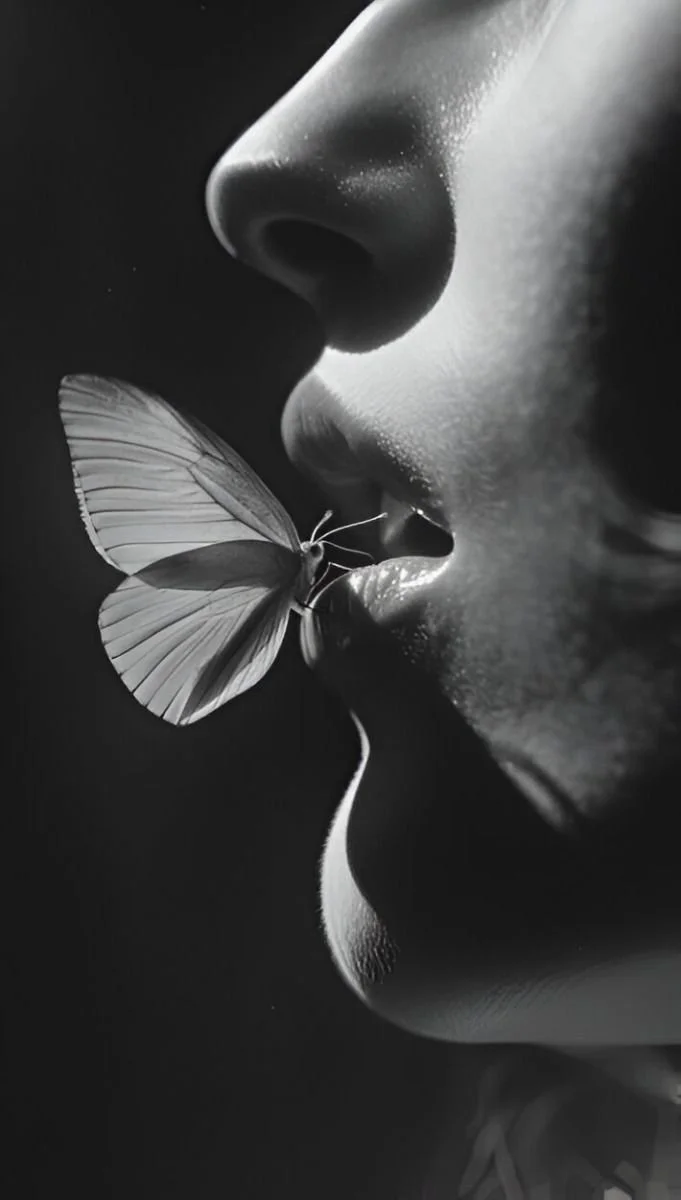 Primer plano, en blanco y negro, de una persona con labios ligeramente abiertos, tocando una mariposa en los labios.