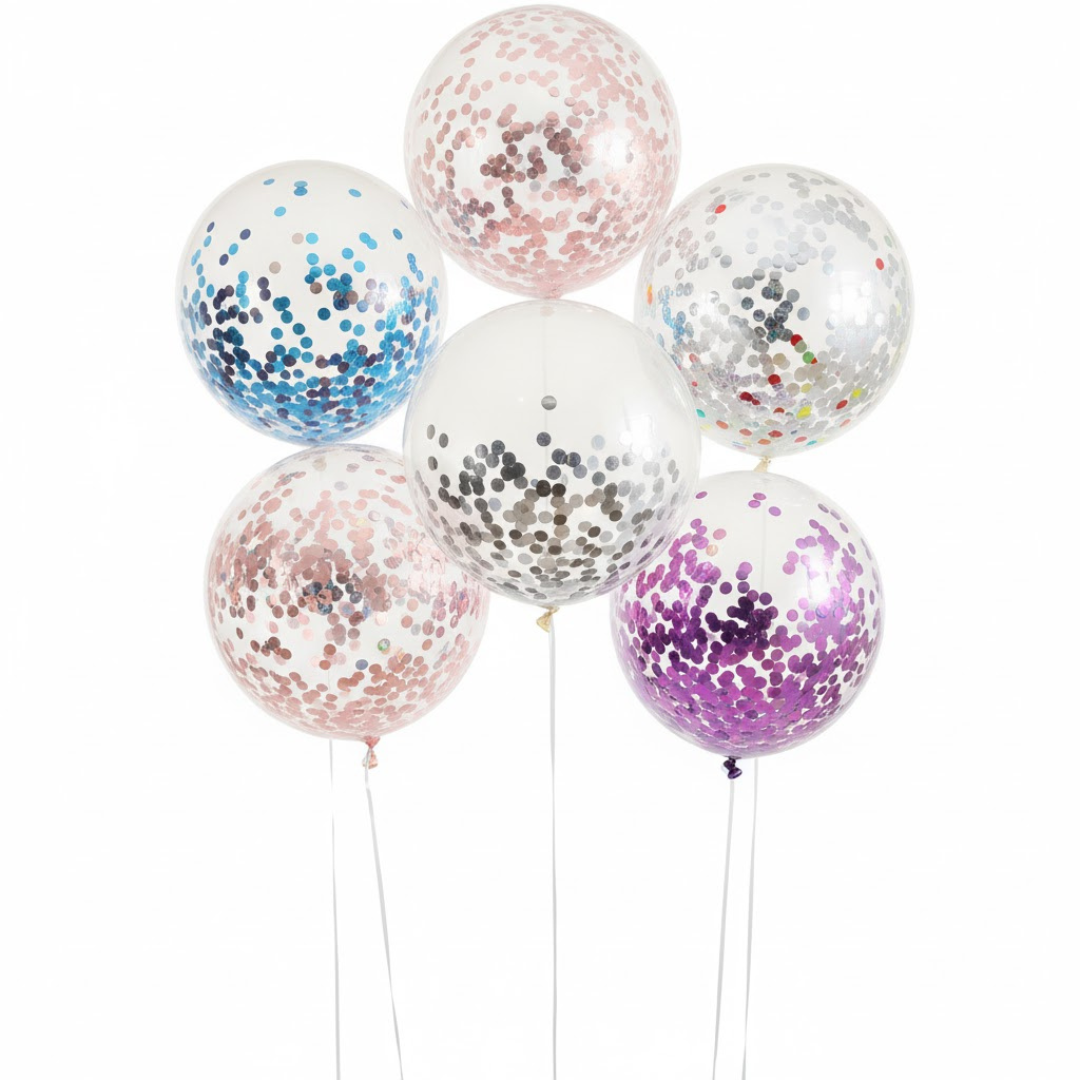 Group of seven clear balloons filled with multicolored confetti, floating against a white background.