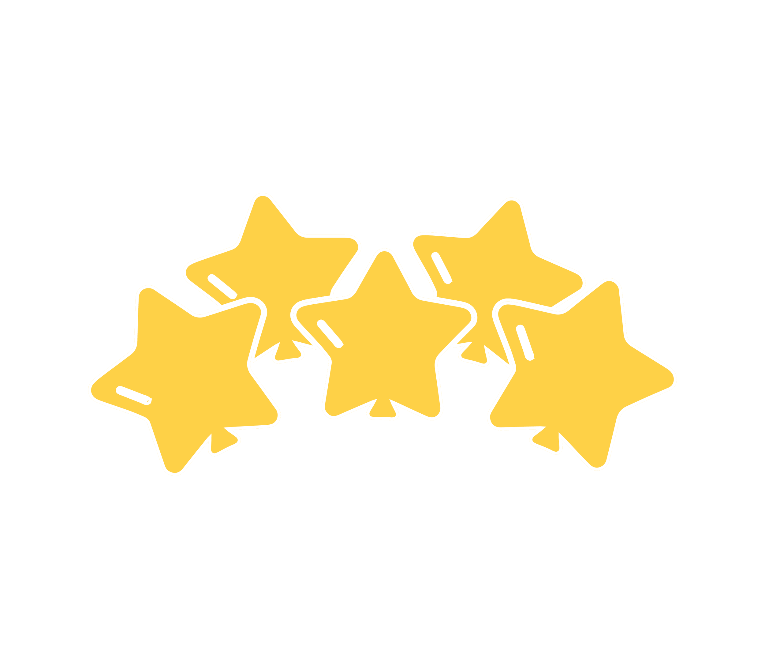 Six yellow star-shaped stickers with white borders arranged in a semi-circle on a black background.