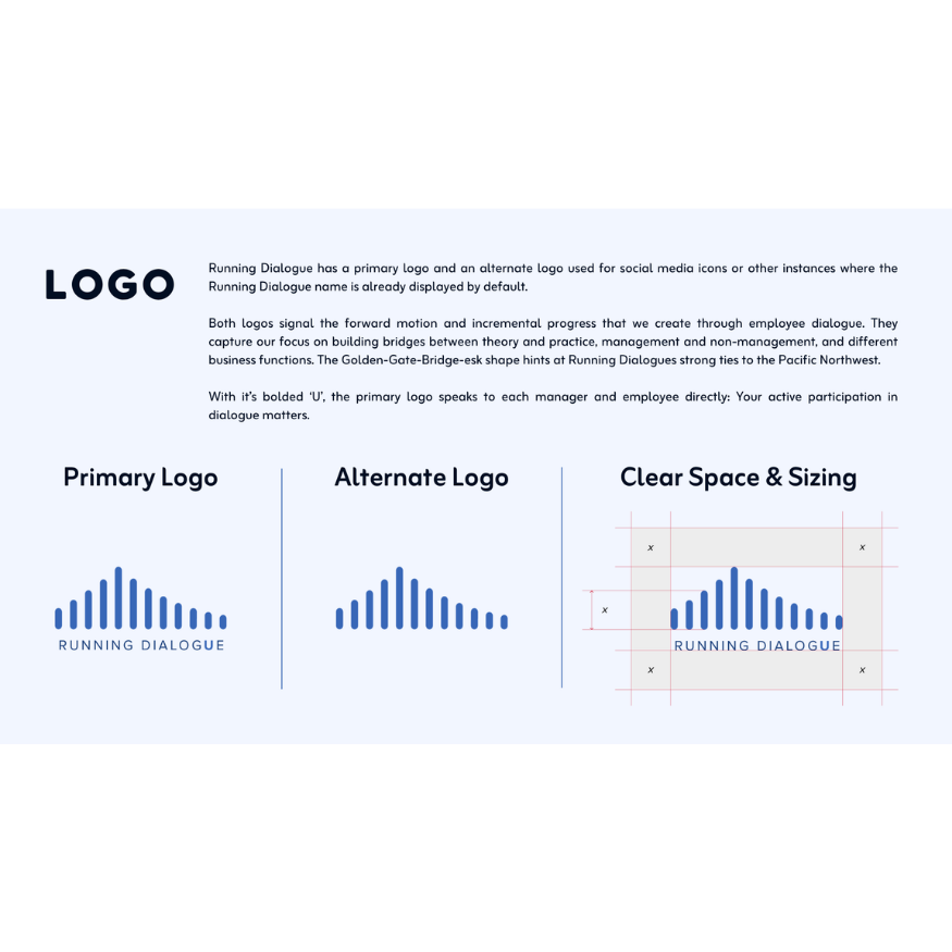 Running Dialogue updated logo with alternate version and clear space and sizing