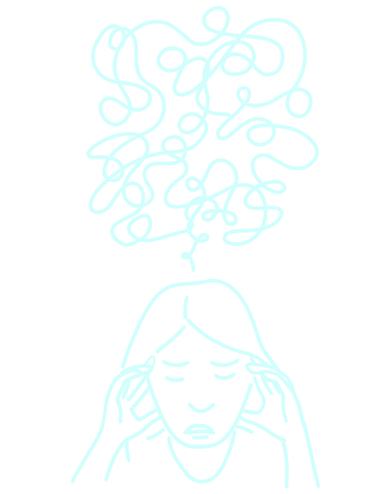 An illustration of a person's tangled thoughts above their head as they put their hands to their temples.