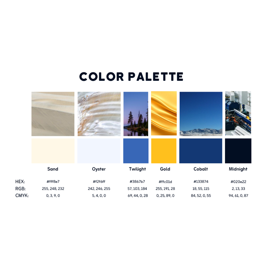 Running Dialogue color palette (six colors with sufficient contrast, broken down by HEX, RGB, and CMYK)