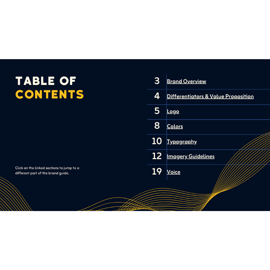 Running Dialogue brand guide table of contents