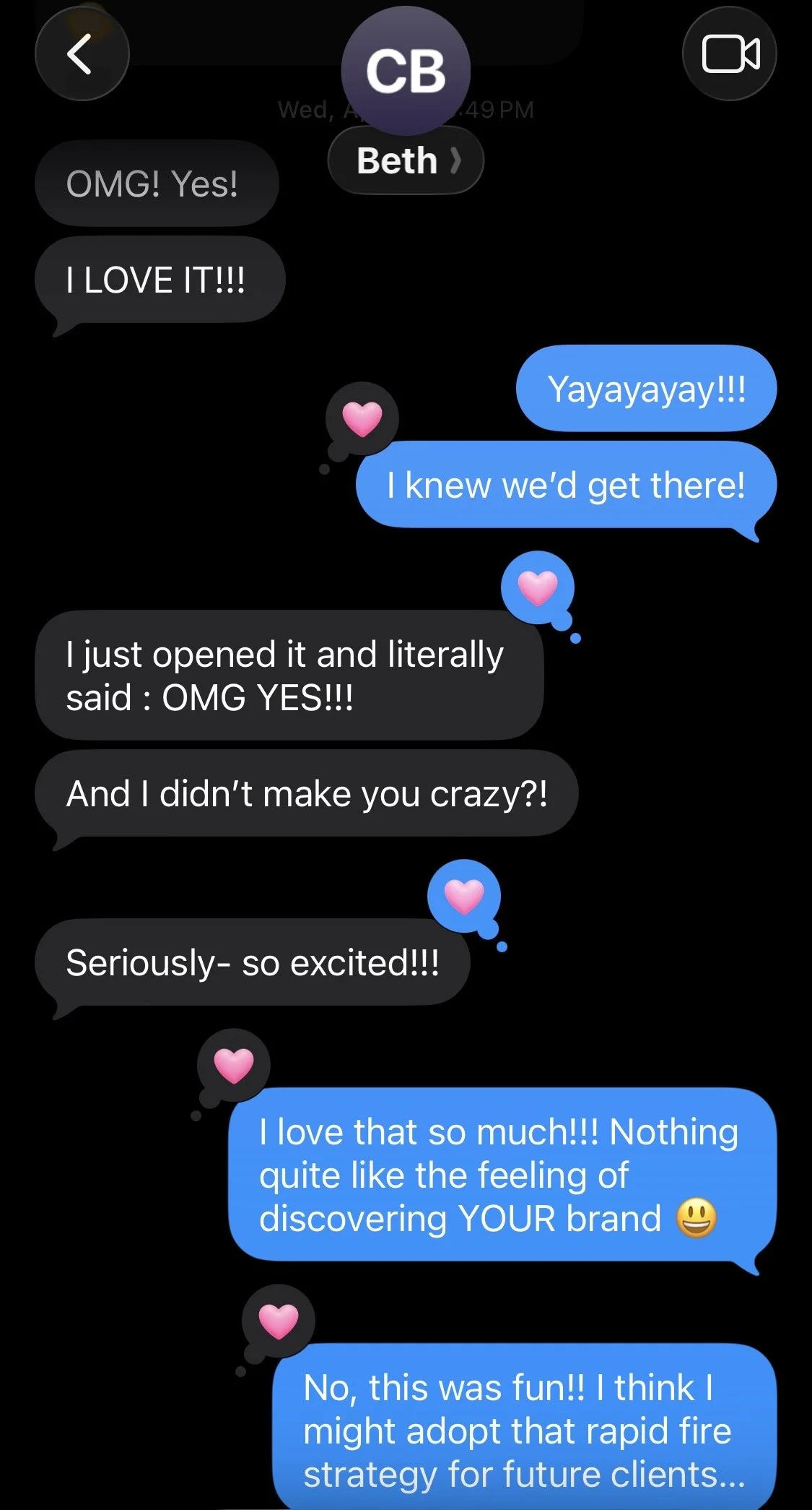 A screenshot of text message exchanges between Beth and Olivia: "OMG! Yes! I LOVE IT!!!"; "Yayayayay!!! I knew we'd get there!"; "I just opened it and literally said: OMG YES!!! And I didn't make you crazy?! Seriously- so excited!!!"