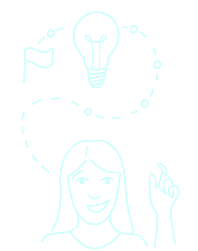 An illustration of a light-bulb moment for a person as they hold their pointer finger up, smiling. A dotted line winds around the light bulb above their head and ends with a planted flag.