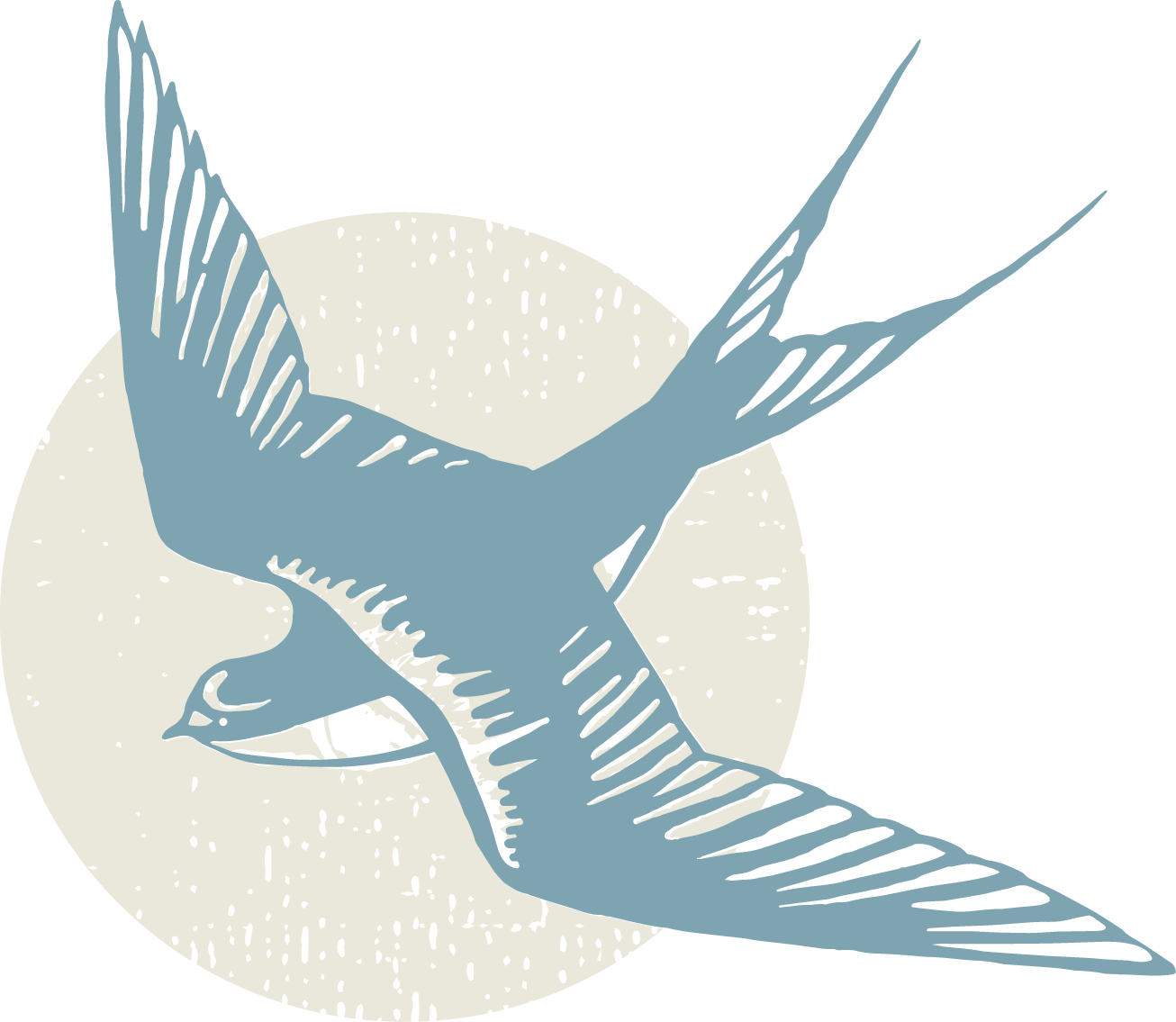 Illustration of a flying bird in front of a circular background.