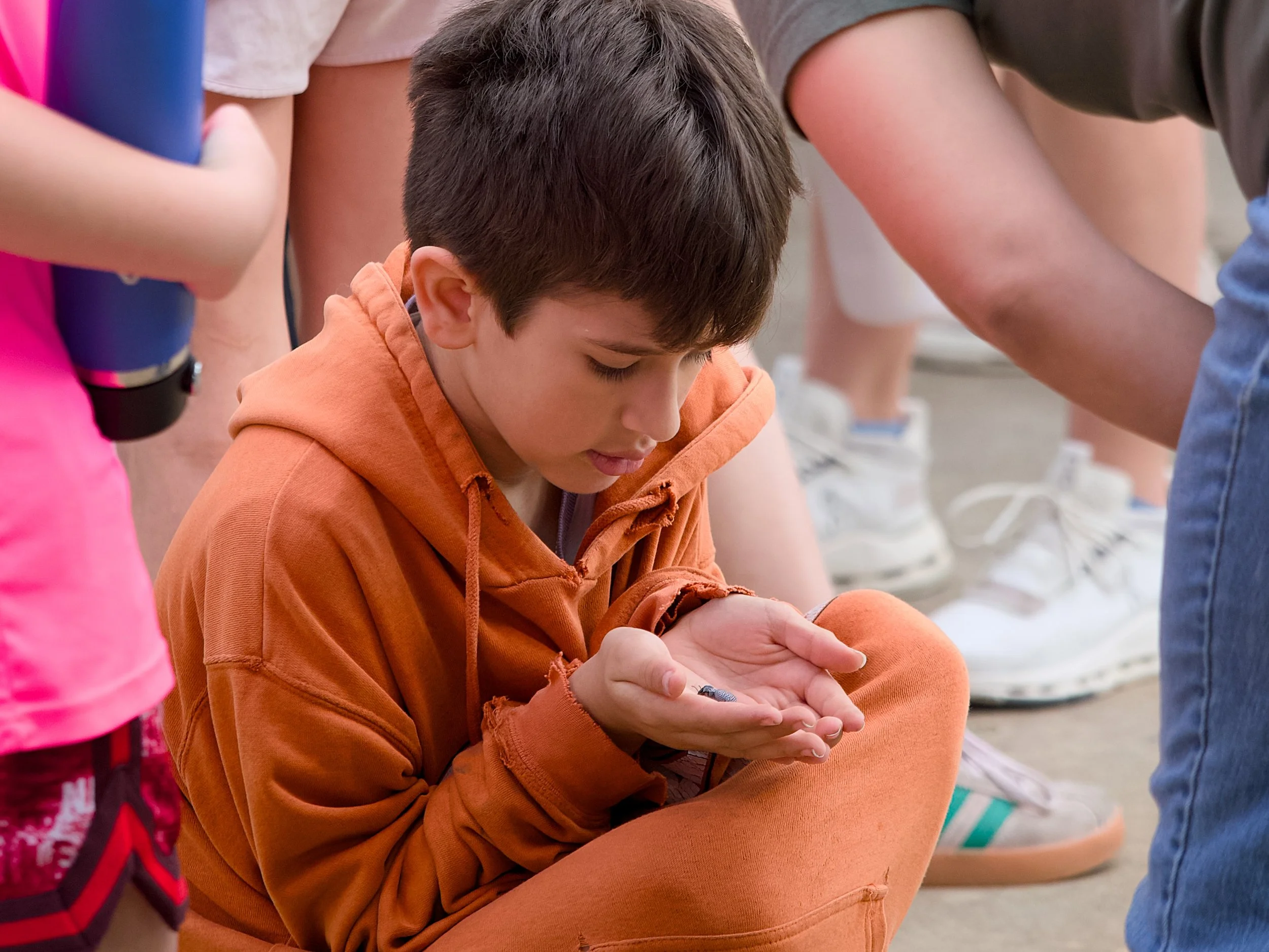 A young boy with brown hair, wearing an orange hoodie, is holding and looking at a small object in his hands. Other children are partially visible around him, standing in line or gathering outdoors.