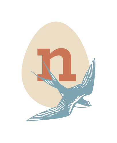 A graphic illustration of a flying bird in blue, with a large beige oval egg behind it containing a lowercase orange letter 'n'.