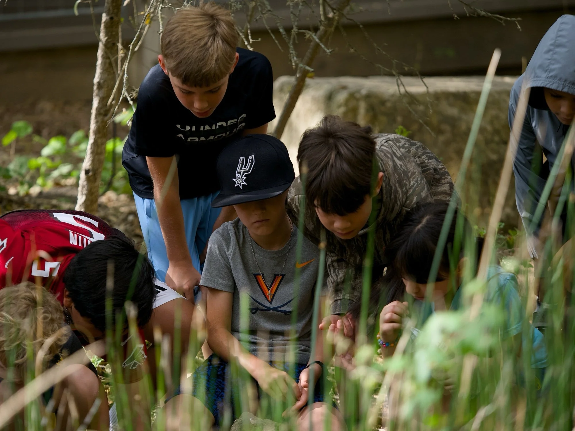 A group of children gathered outdoors, some crouching and others standing, closely examining or looking at something on the ground amid greenery and small plants, with a tree and a wooden fence in the background.