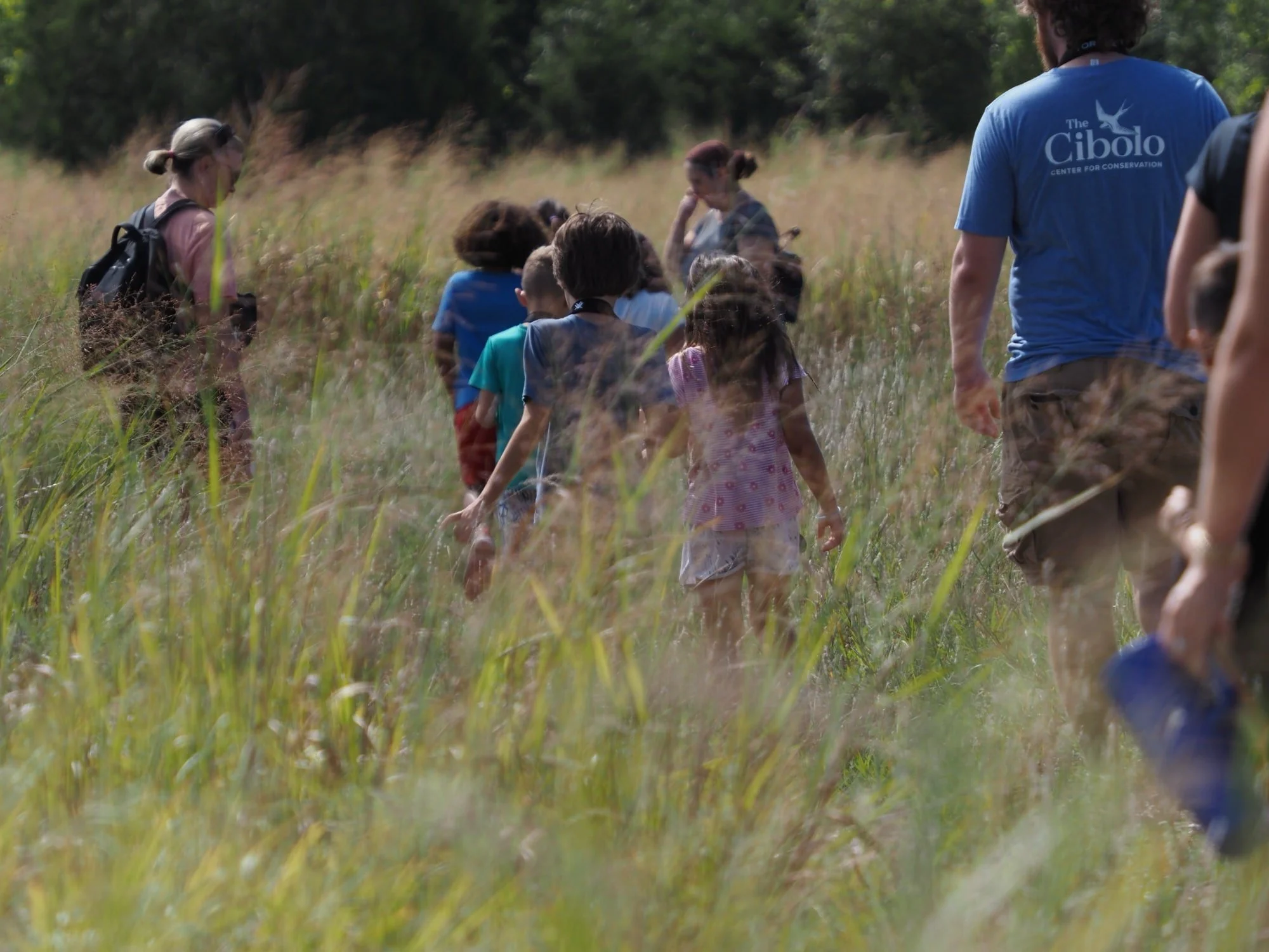 A group of children and adults walking through a grassy prairie during the daytime, with trees in the background.