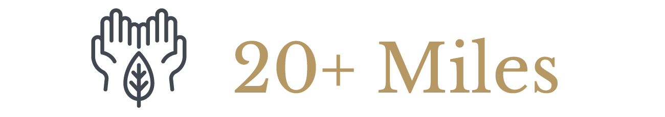Icon of two hands with a leaf in between, representing environmental or ecological focus, followed by the text '20+ Miles' in beige color.