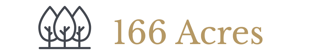 Logo with three stylized trees and the text "166 Acres" in beige.
