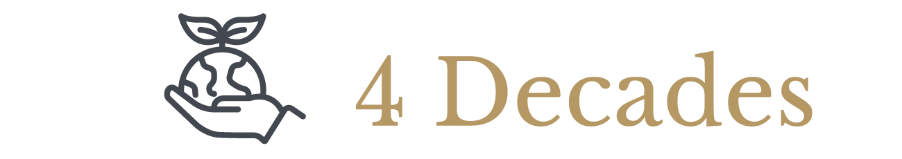 Logo with stylized globe held by a hand and the text '4 Decades'.