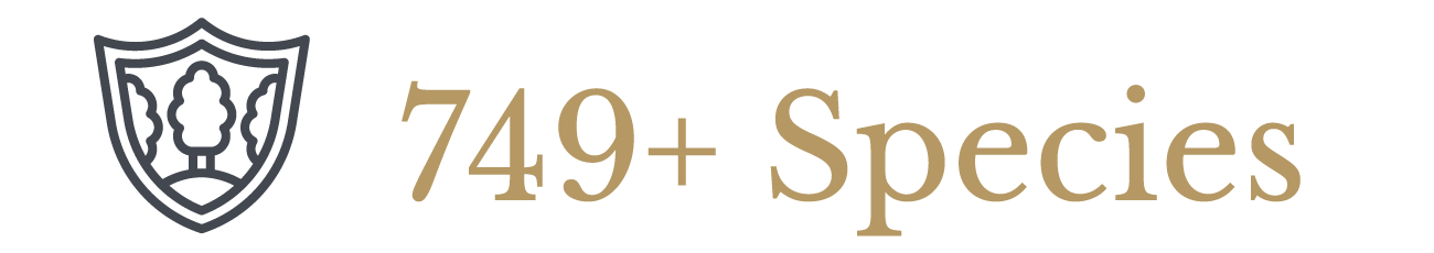 A logo featuring a shield with a stylized plant inside, and the text '749+ Species' in a beige font.