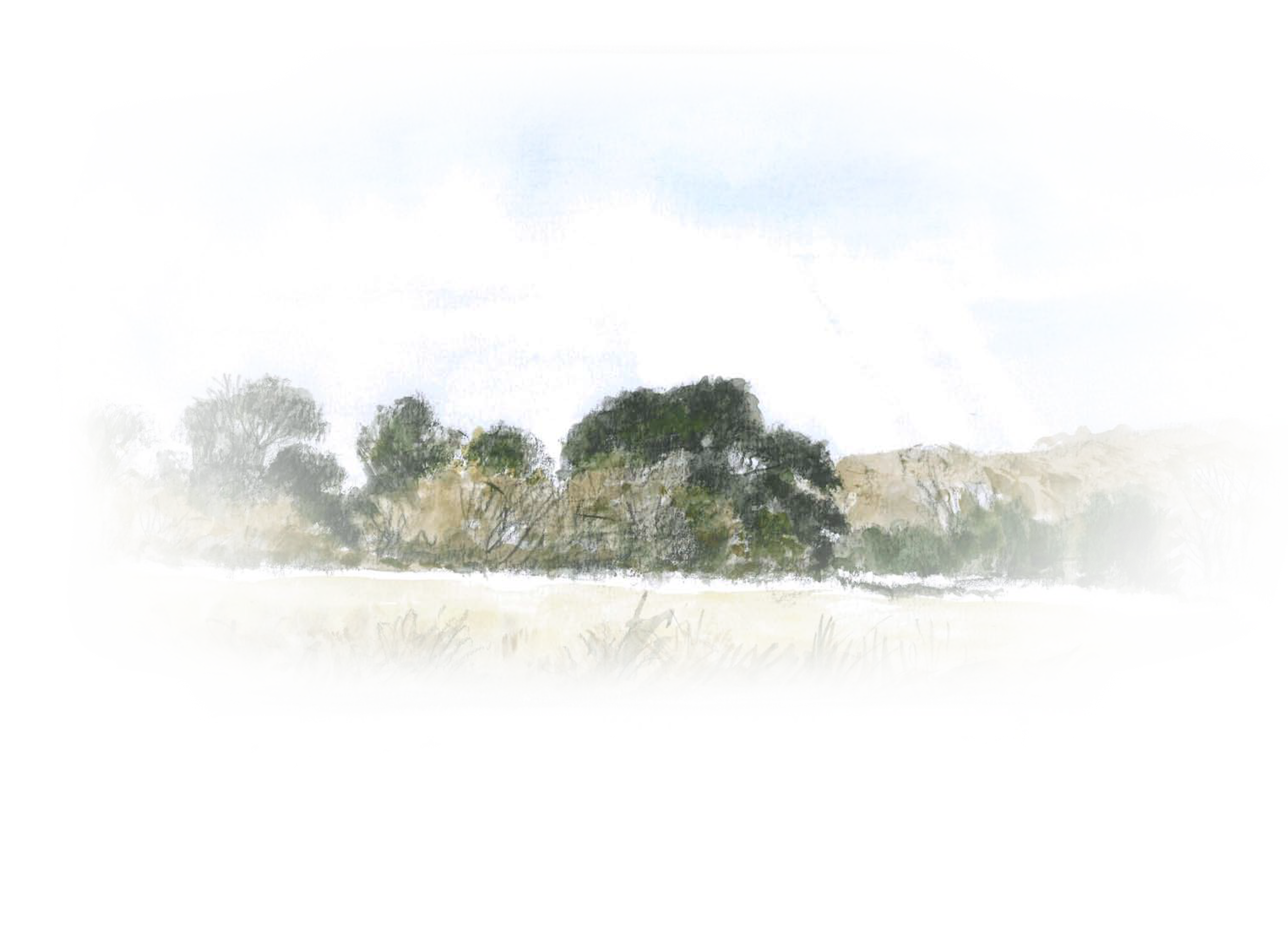 A watercolor painting of a landscape featuring trees, dry grass, and a blue sky.