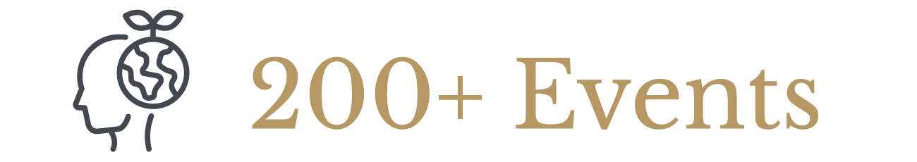 Icon of a person's head with a globe and leaf inside it, next to the text '200+ Events' in gold and black font.
