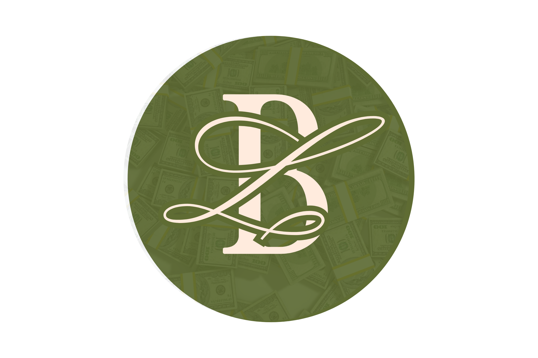 Green circular logo with a large stylized letter B in the center, overlayed with a decorative script letter, and a background of dollar bills.