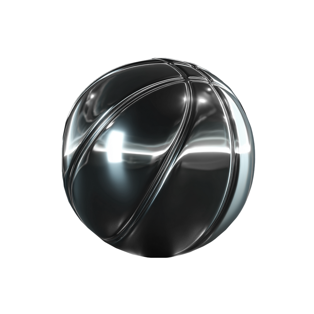 A metallic glossy basketball with black and silver panels, set against a dark background.