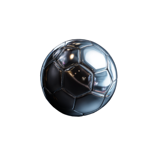 A metallic soccer ball with a shiny, reflective surface