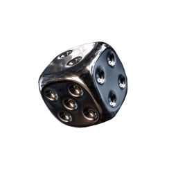 Close-up of a metallic die showing the number five on its face