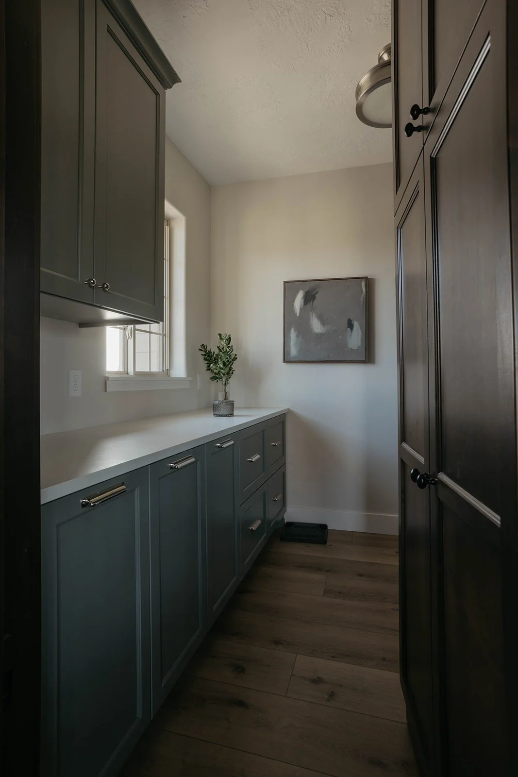 Full view of the laundry room featuring dark gray-green cabinetry, light wood flooring, and a small abstract painting on the wall.