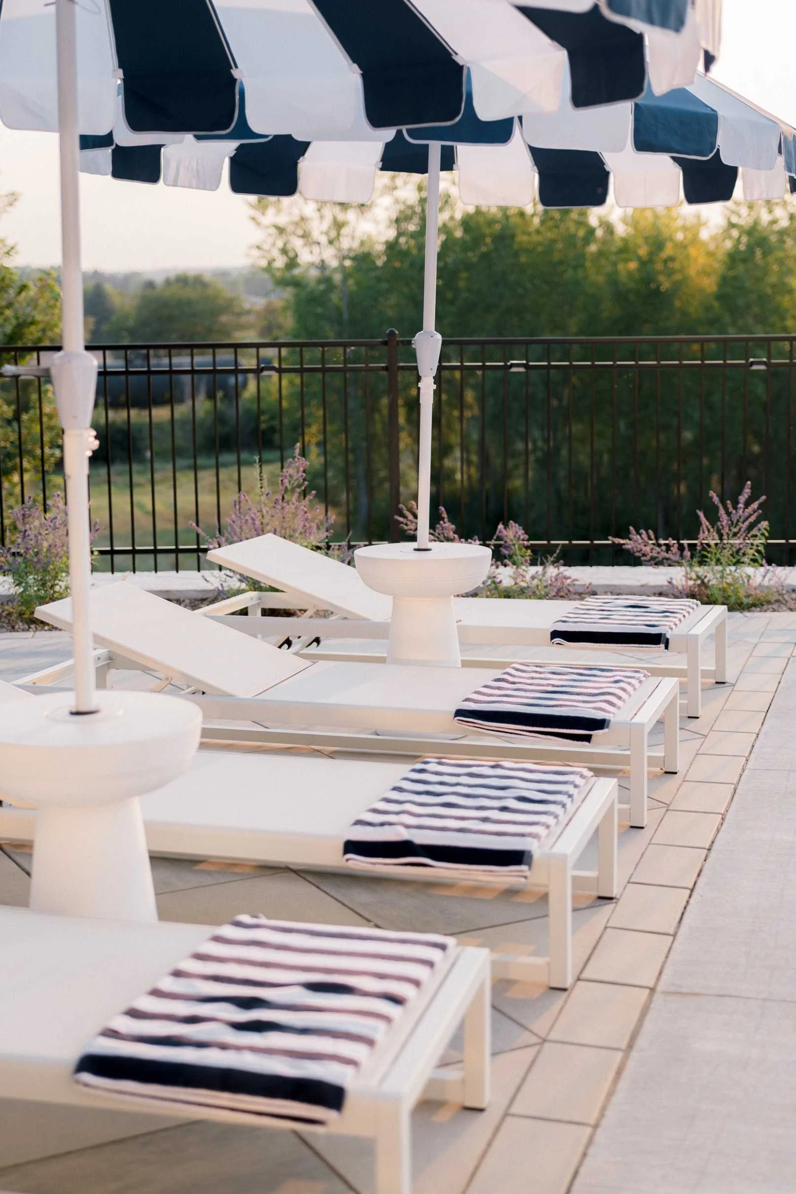 Close-up of three white chaise lounge chairs with striped towels, beneath a large navy and white striped umbrella. The pool deck meets a black metal fence with flowering lavender plants in the foreground.