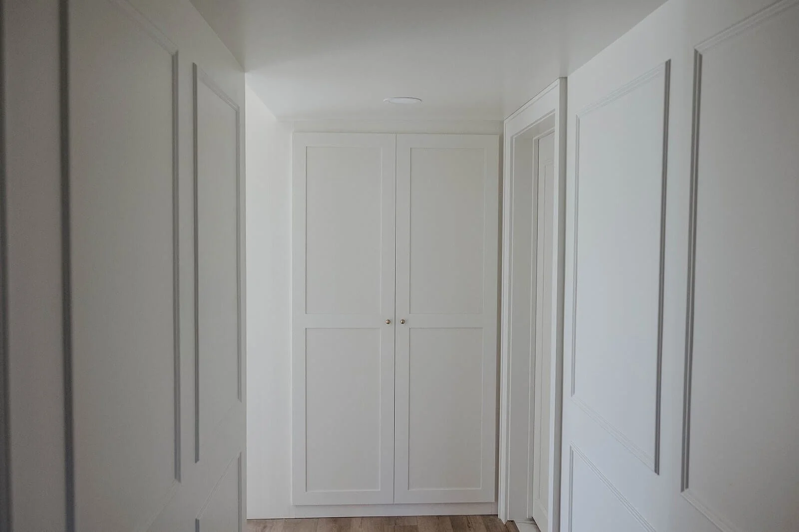 Focus shot on white wall paneling in a hallway, leading to a set of matching concealed closet doors.
