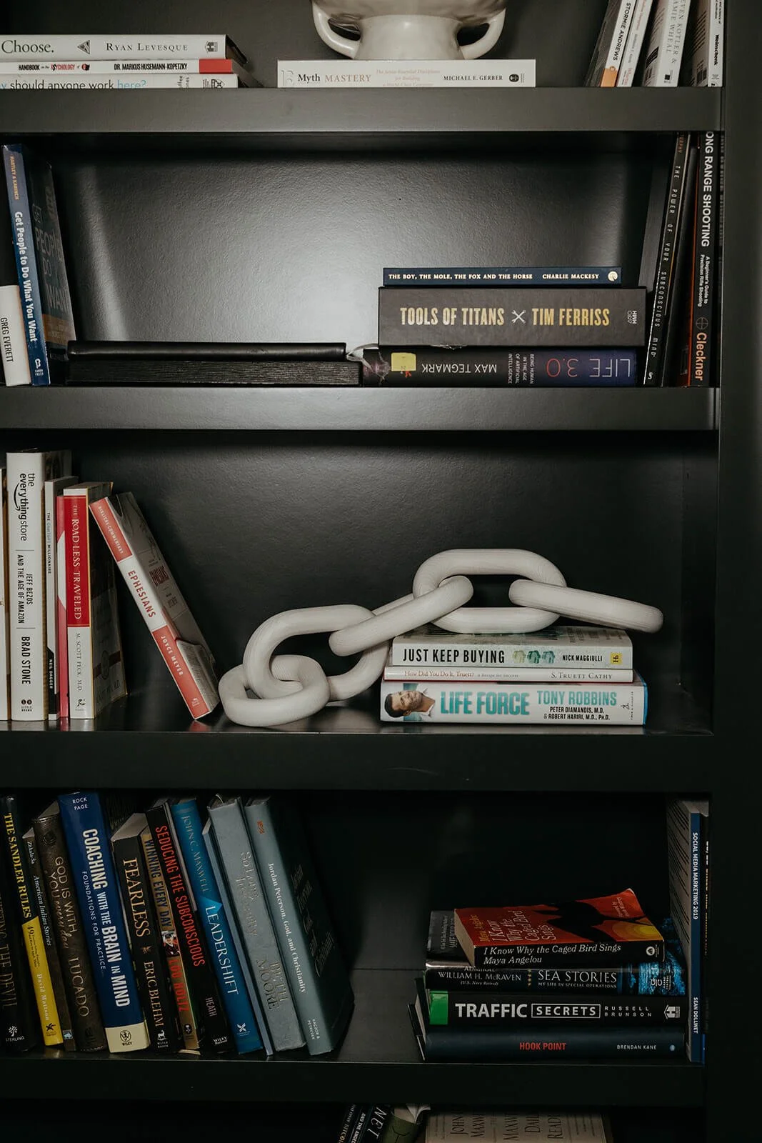 Detail of a dark built-in bookshelf featuring books and a white chain link sculpture as decorative accessories.