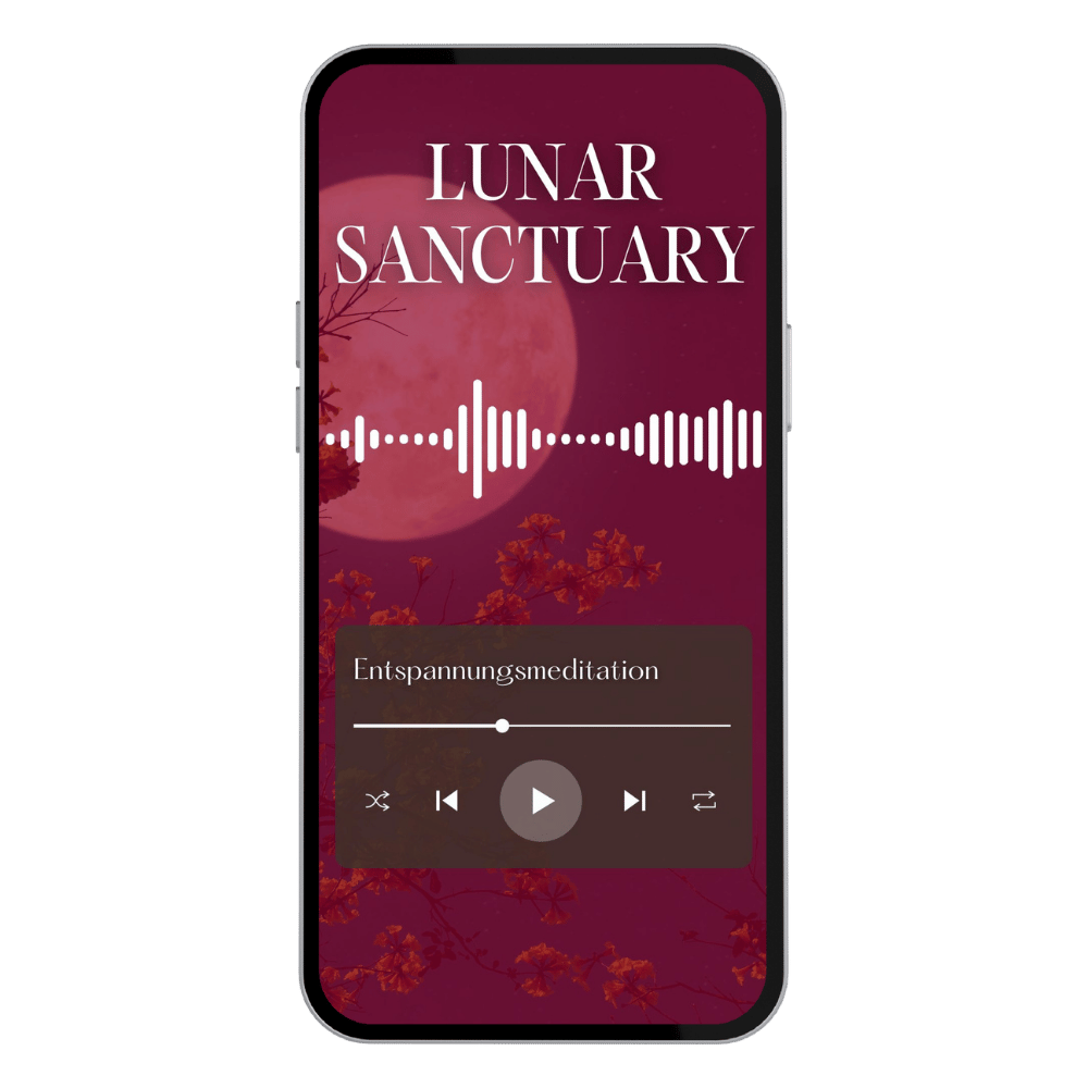 Bild eines Smartphones, dass gerade eine Audiodatei namens "Lunar Sanctuary - Entspannungsmeditation" abspielt. Der Handyhintergrund ist rotgetönt und zeigt einen Mond und den Himmel.