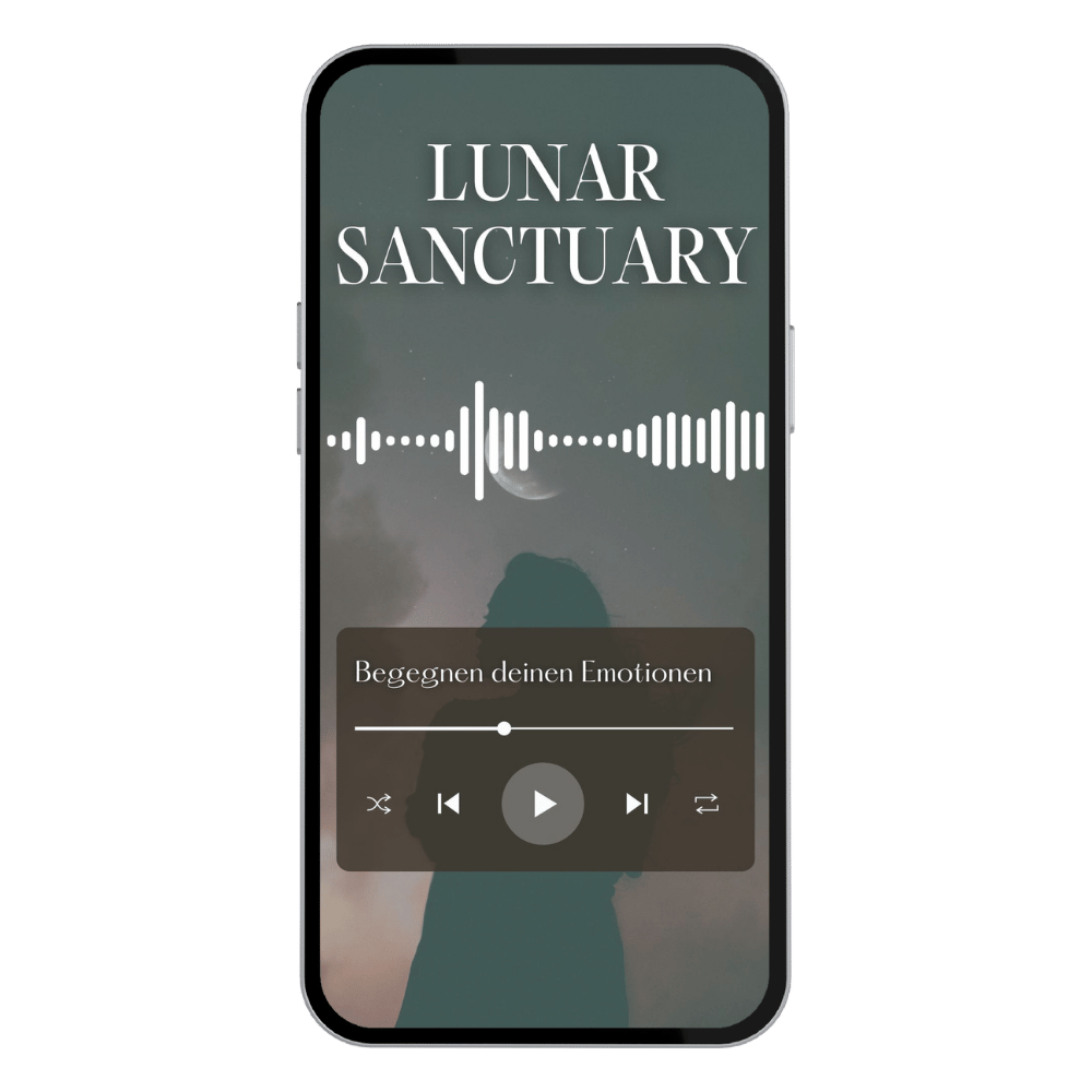 Bild eines Smartphones, dass gerade eine Audiodatei namens "Lunar Sanctuary - Begegne deinen Emotionen" abspielt. Der Handyhintergrund ist türkis getönt und zeigt den dunklen Umriss einer Frau sowie einen Mond und den Himmel.