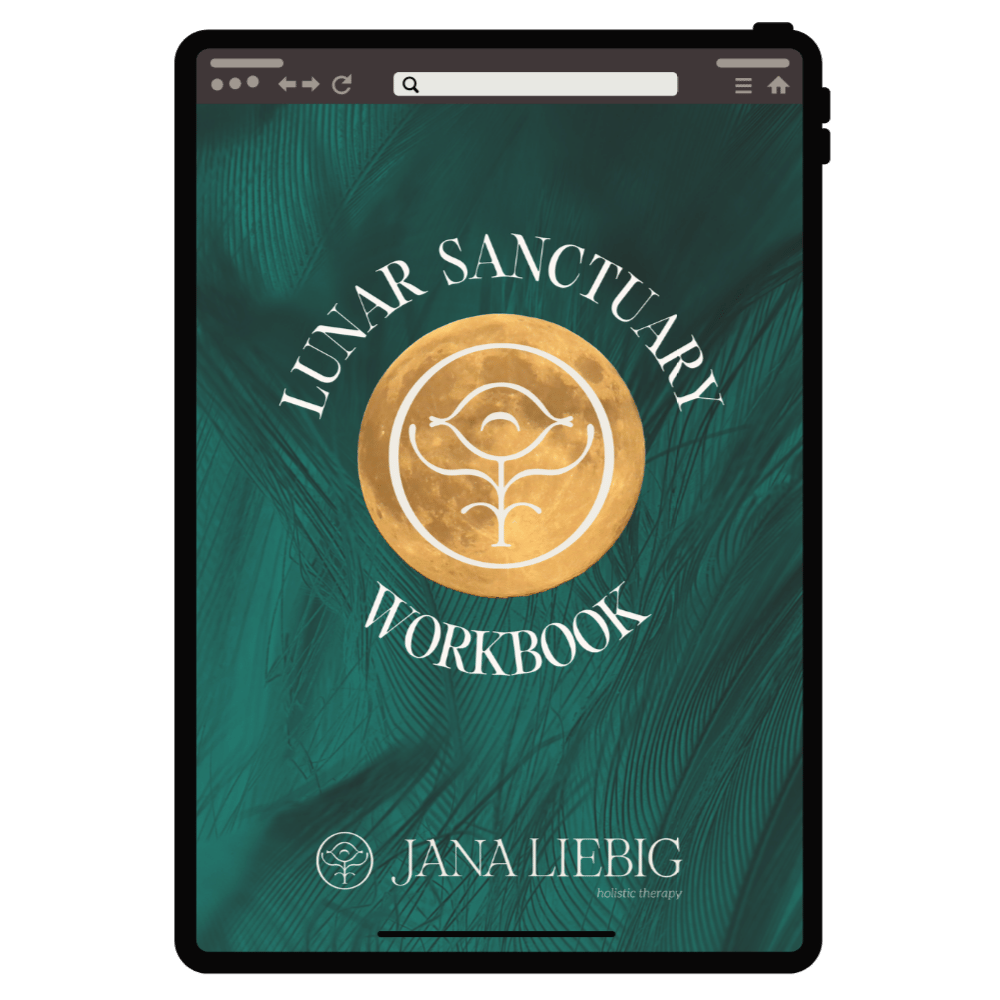 Digitales Cover eines Workbooks mit dem Titel "Lunar Sanctuary Workbook" von Jana Liebig, das ein grünes Design mit Marabu-Palmen zeigt.