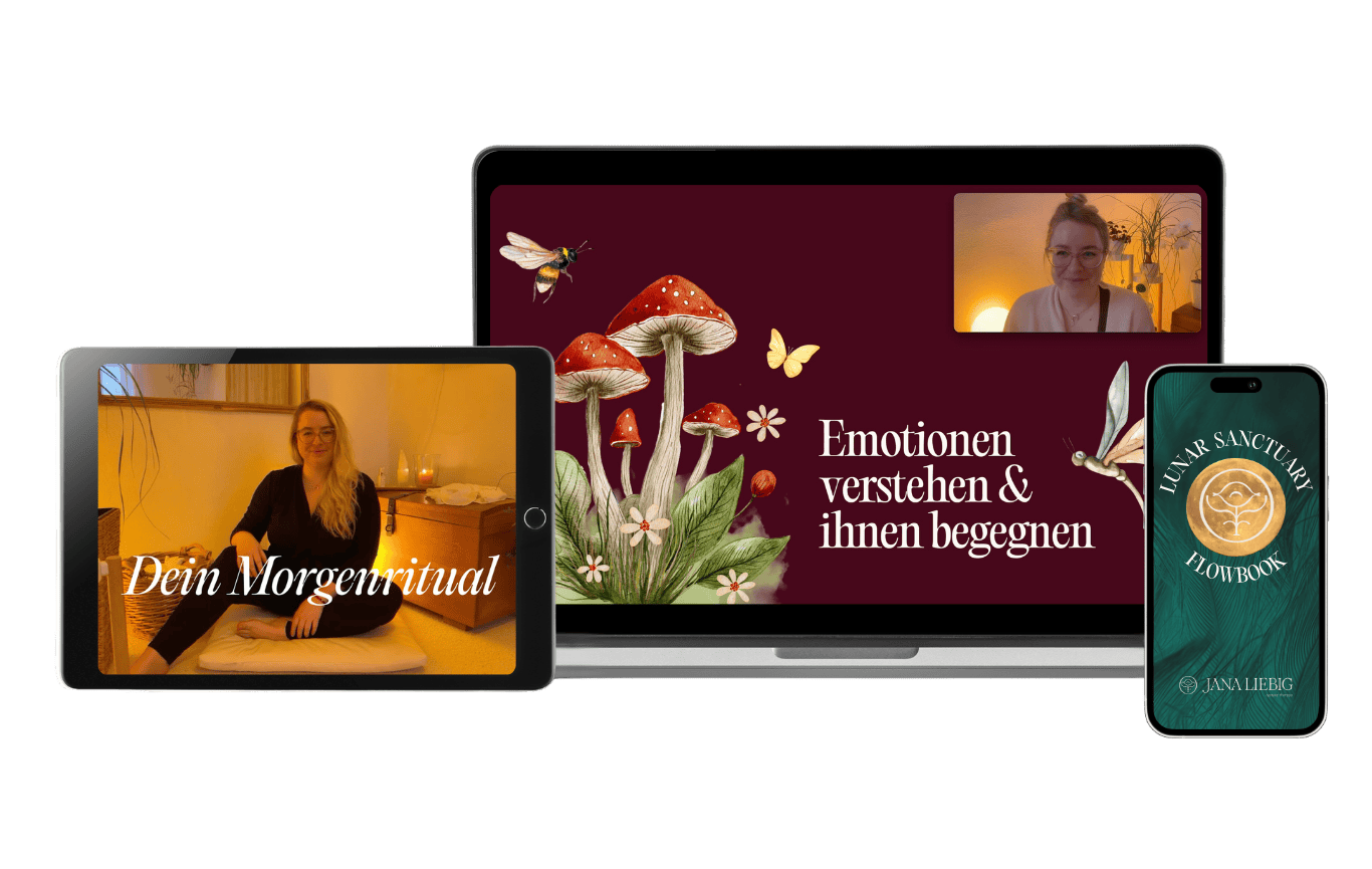Das Bild zeigt drei Geräte: Laptop mit einer Präsentation über Emotionen, Tablet mit einer Frau in einem Morgenritual-Video, Smartphone mit einem Workbook. Das Bild dient als Schaubild für die Inhalte des Lunar Sanctuary.