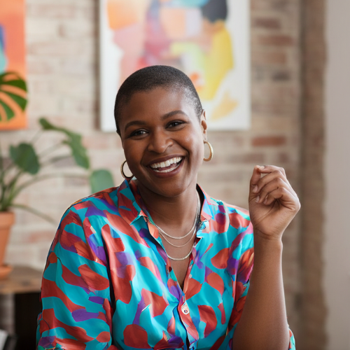 A woman smiling and wearing a colorful patterned blouse, sitting in a room with a brick wall, abstract art, and potted plant in the background.