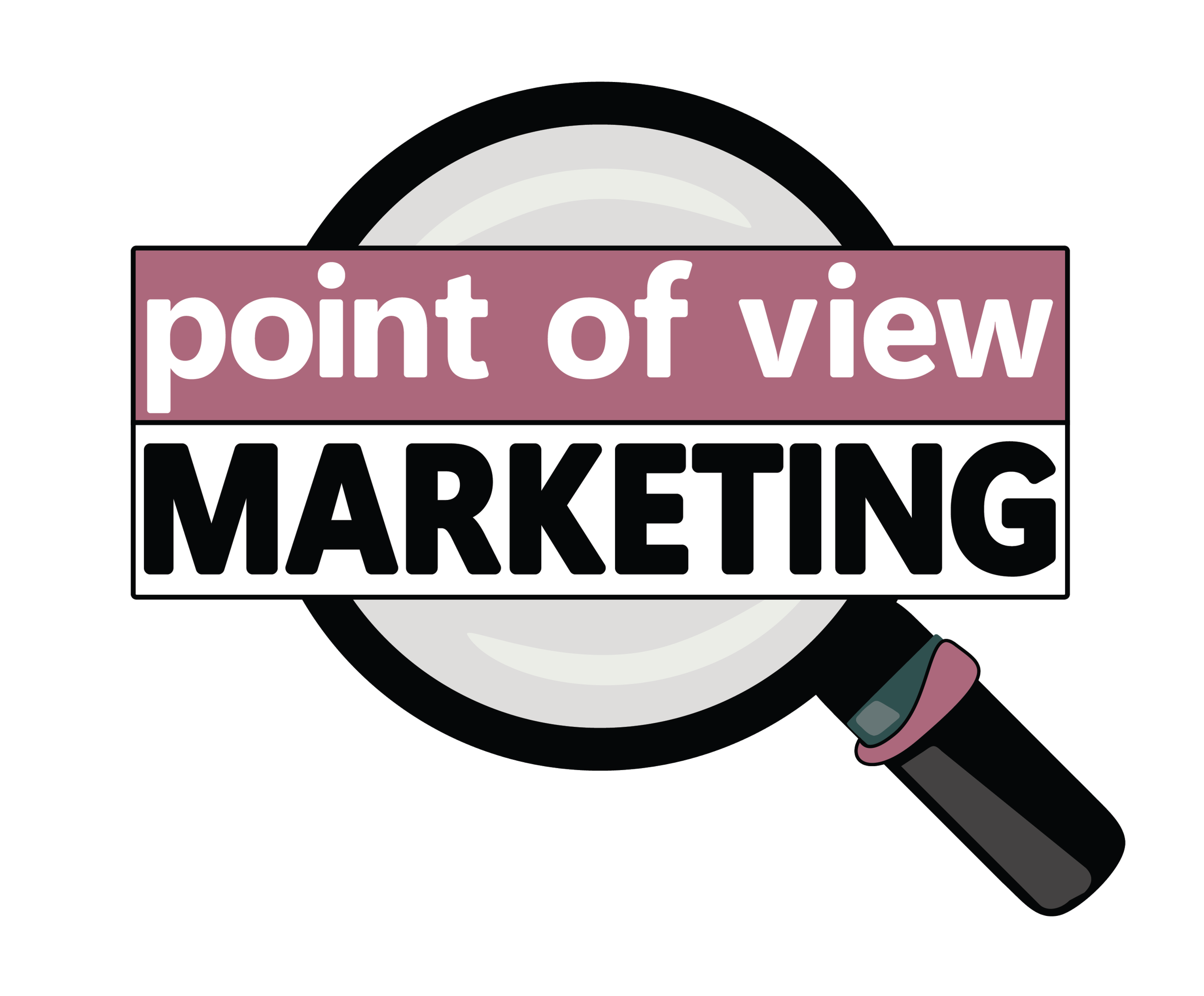 Magnifying glass with a sign that says 'point of view marketing' inside the lens.