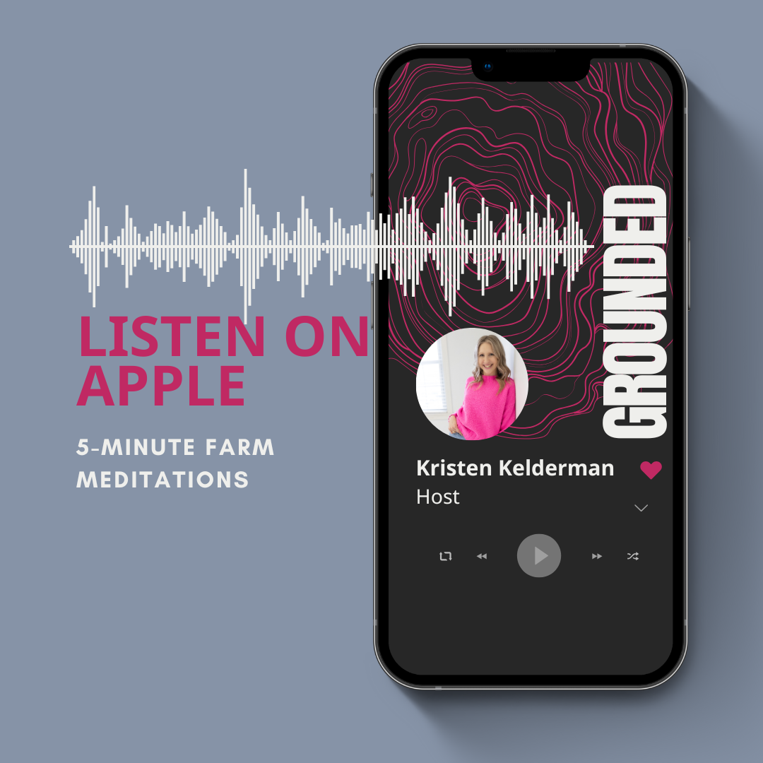 A promotional image for a podcast featuring Kristen Kelderman as the host. The image shows a smartphone with the podcast app open, displaying a waveform graphic, a profile picture of Kristen Kelderman in a pink sweater. The background has a pink topographic map design. To the left of the phone, text reads 'LISTEN ON APPLE' and '5-MINUTE FARM MEDITATIONS'.